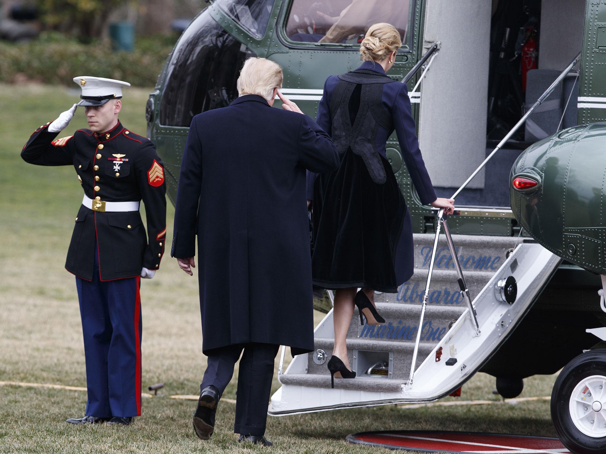 President Donald Trump follows his daughter Ivanka to board Marine One on the South Lawn of the White House