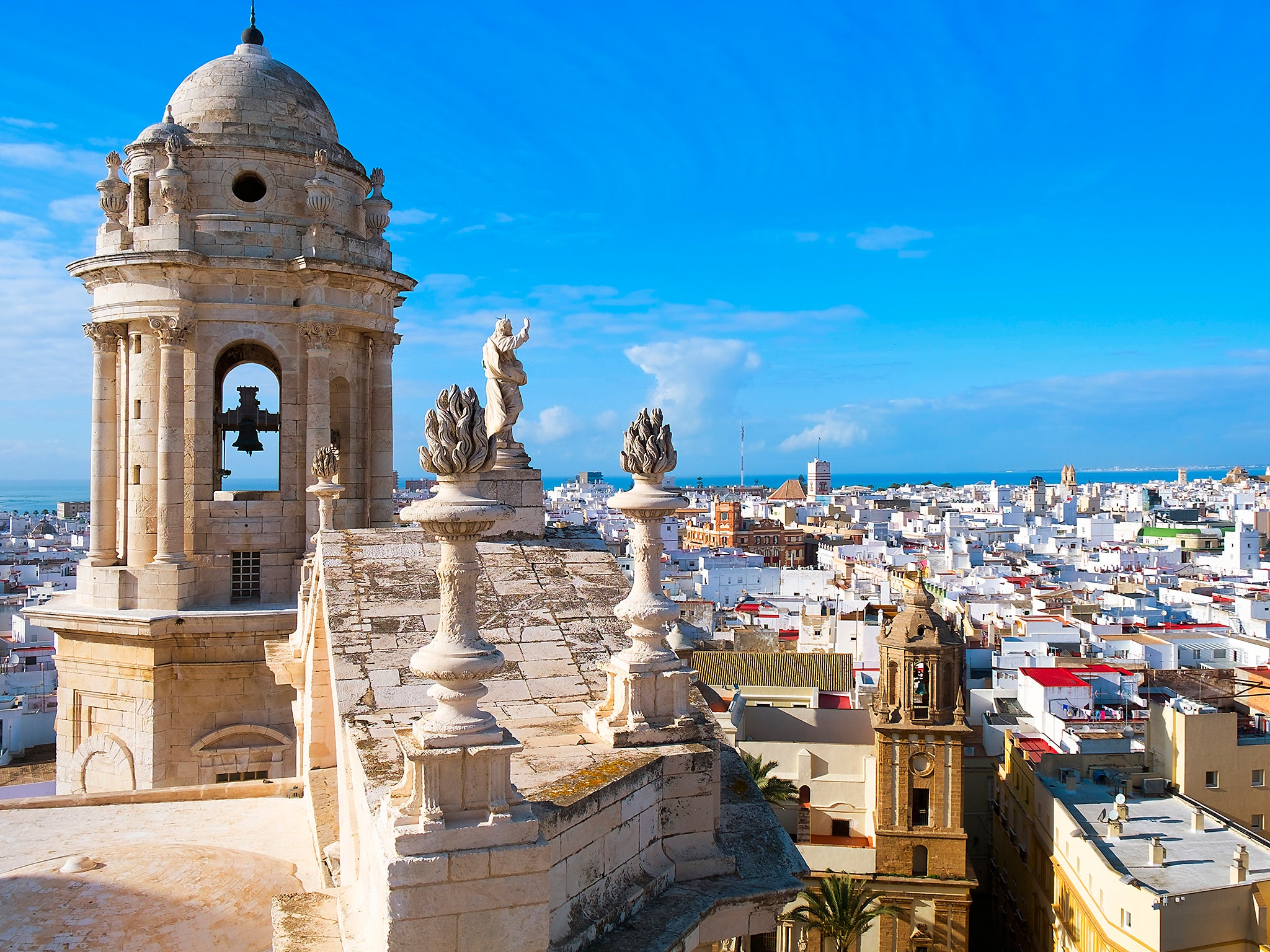 an aerial view of the roofs of Cadiz, Spain, from the belfry of its Cathedral