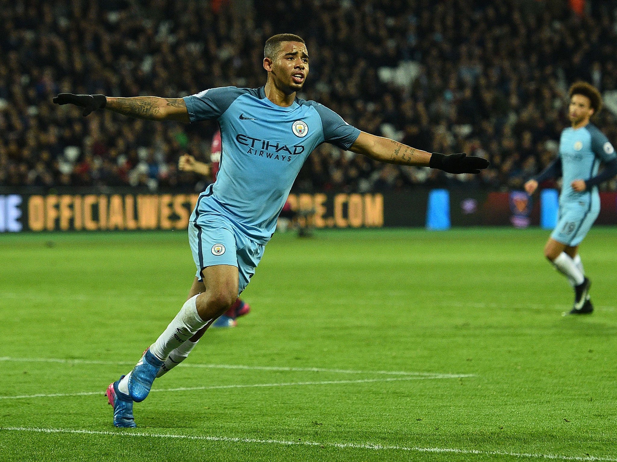 Gabriel Jesus celebrates after scoring against West Ham on Wednesday night