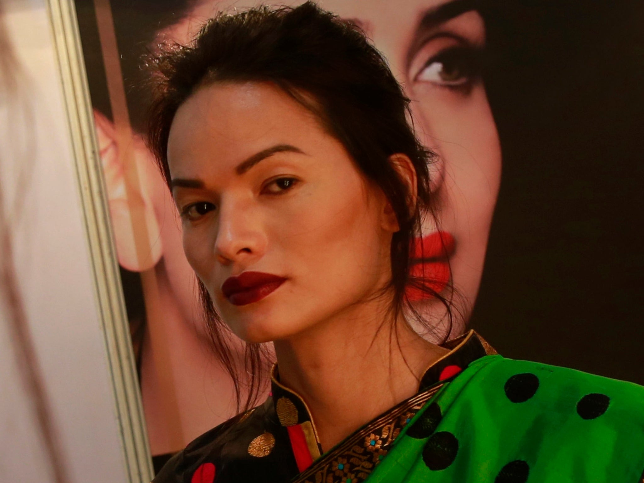 Transgender model Anjali Lama stands backstage at Lakme Fashion week in Mumbai