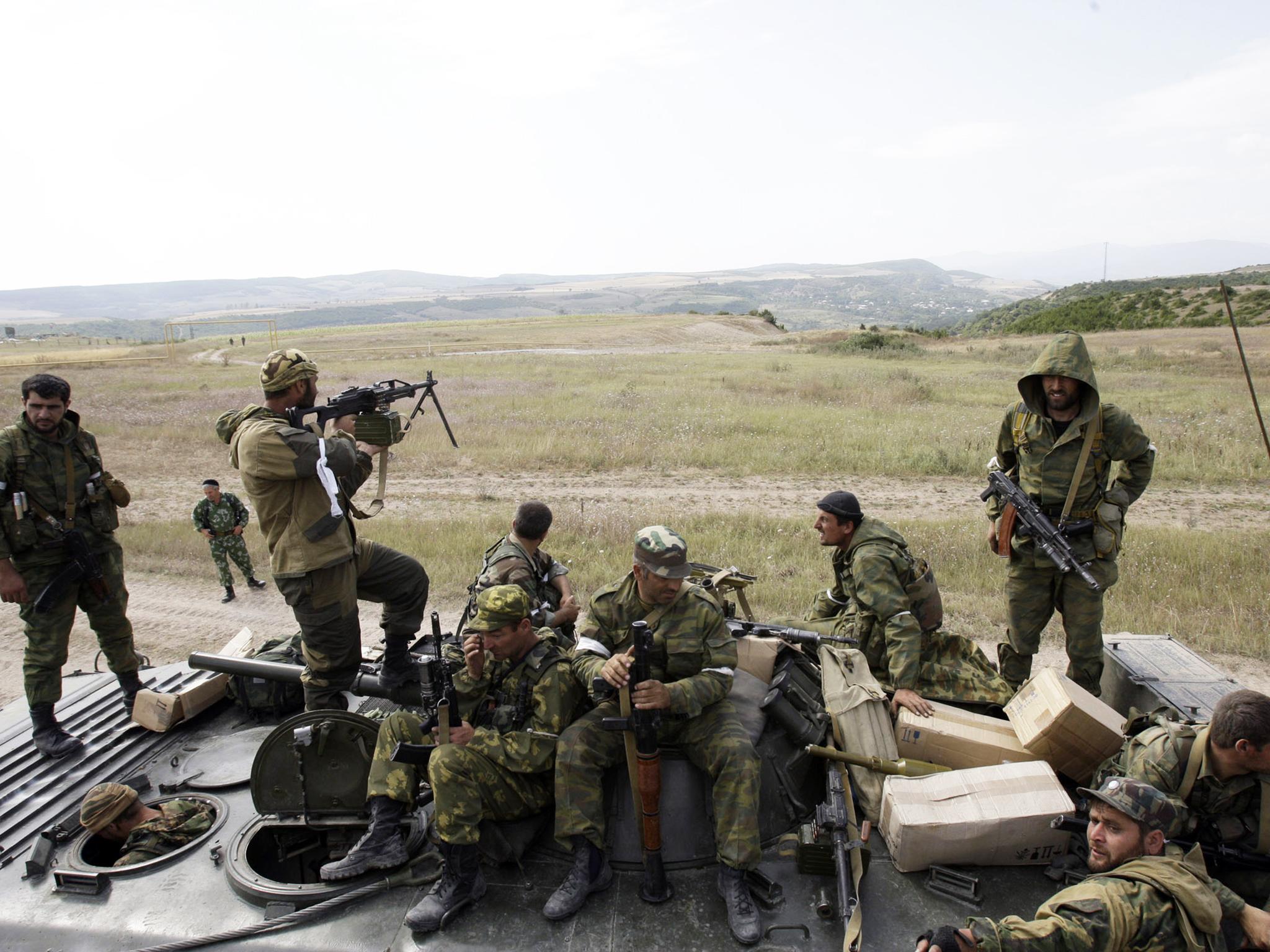 Chechen special forces from Vostok army unit outside the Georgian village of Zemo Nikozi in 2008