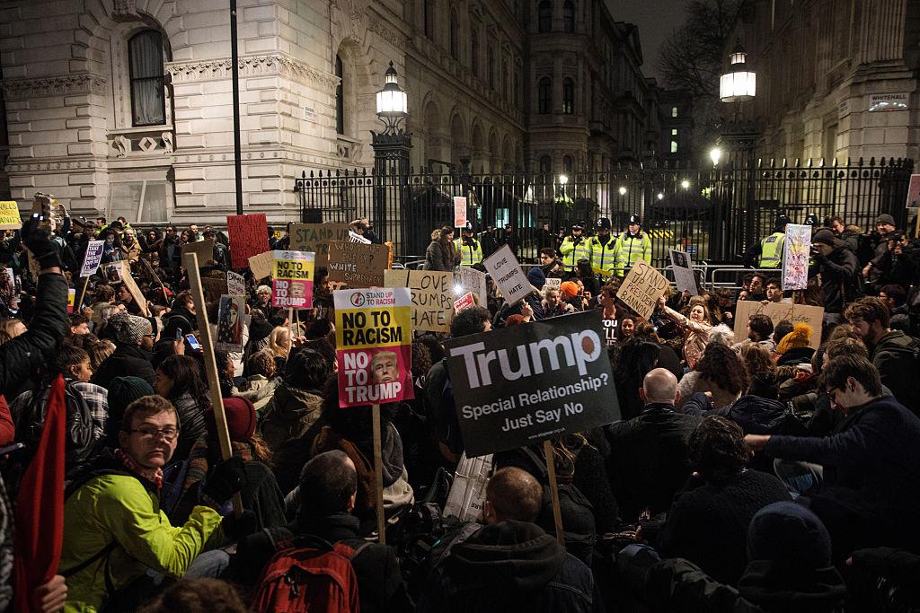 Demonstrators outside Downing Street protest President Trump's ban on travel from seven Muslim countries