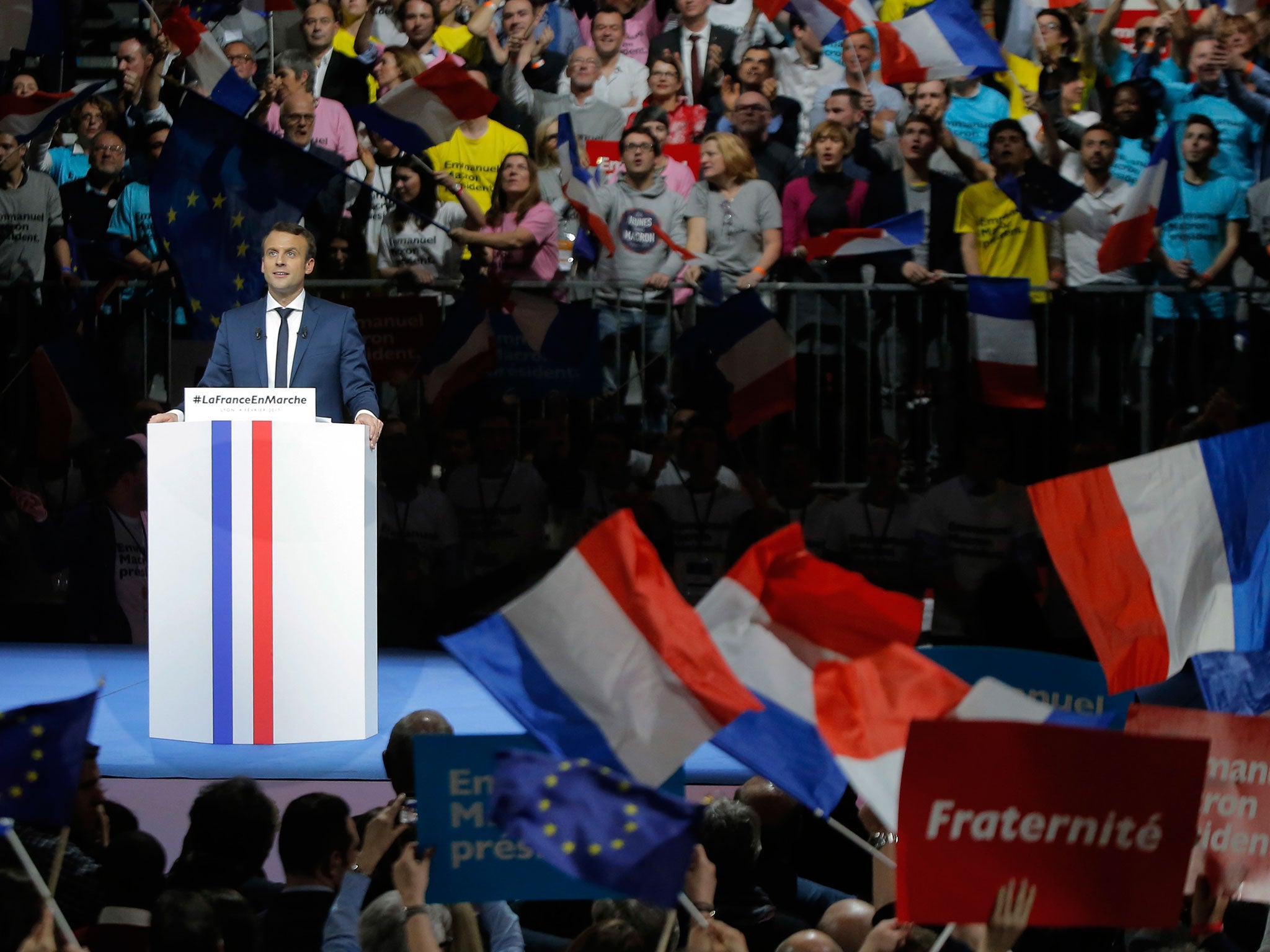 Presidential candidate Emmanuel Macron speaks at a rally in Lyon, France, on 4 February