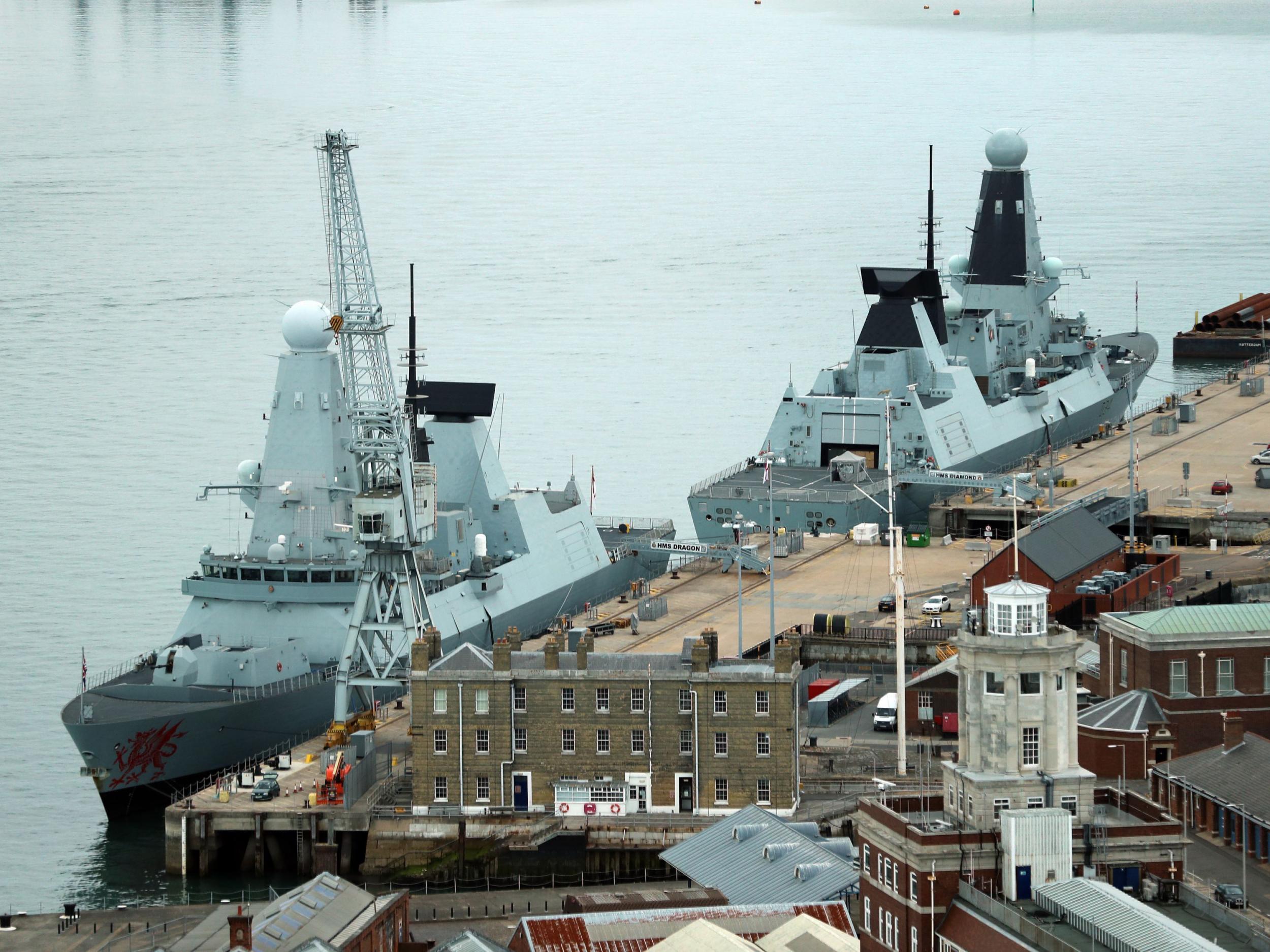 Type 45 destroyers HMS Dragon (left) and HMS Diamond docked in Portsmouth