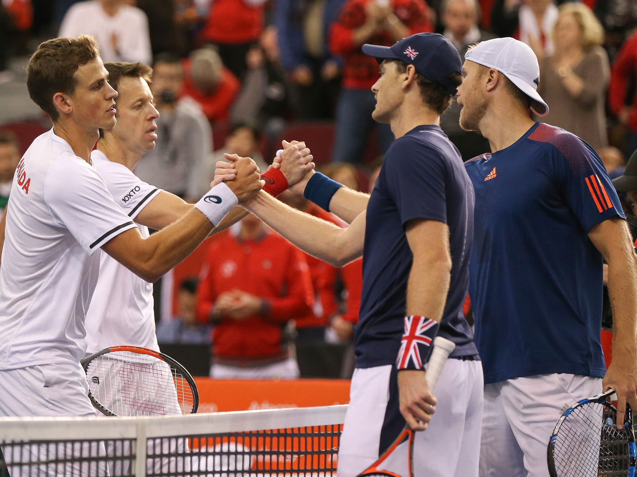 Murray and Inglot are congratulated by Nestor and Pospisil