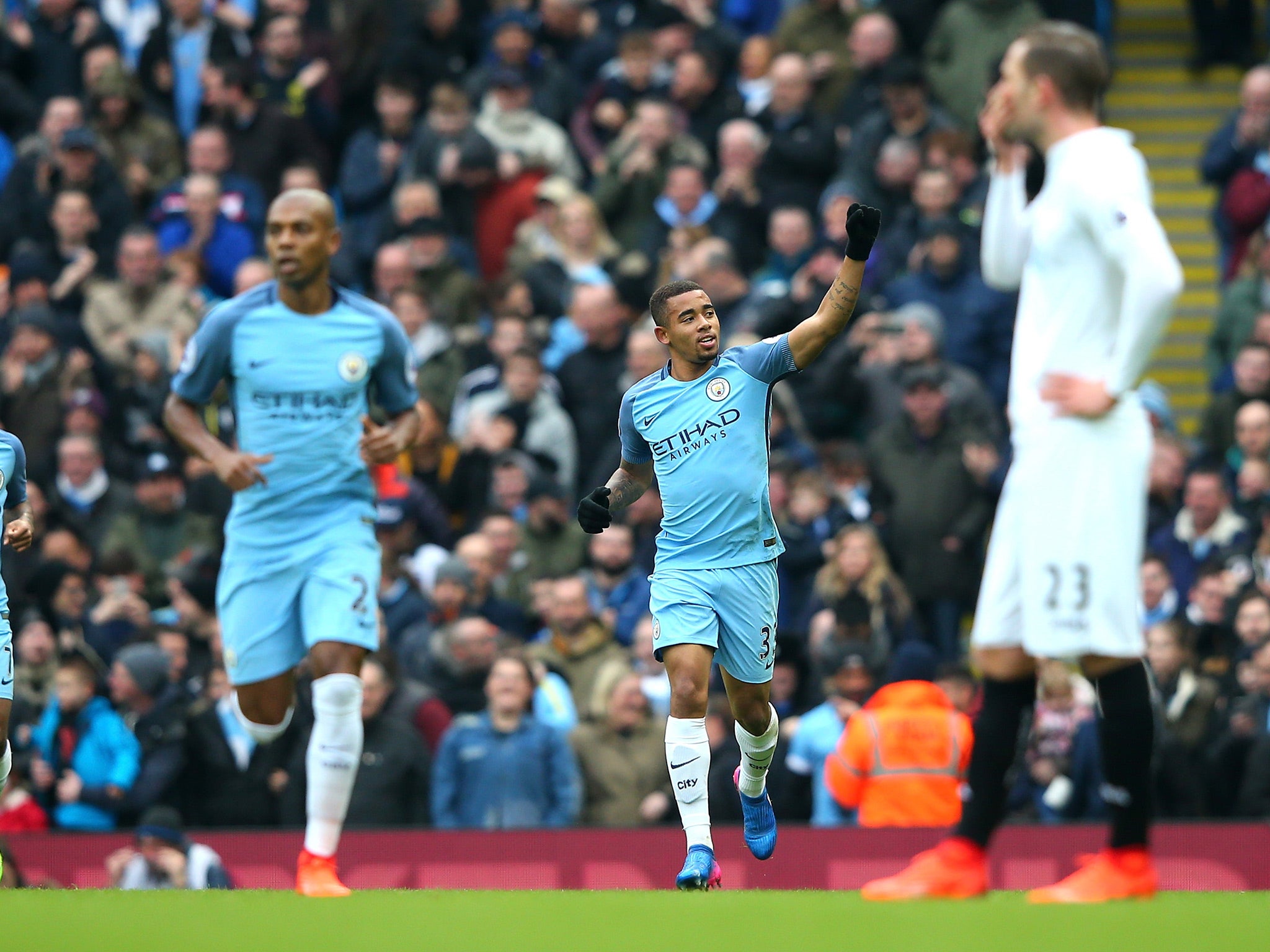 Jesus scored his first goal at the Etihad from close range in the 11th minute