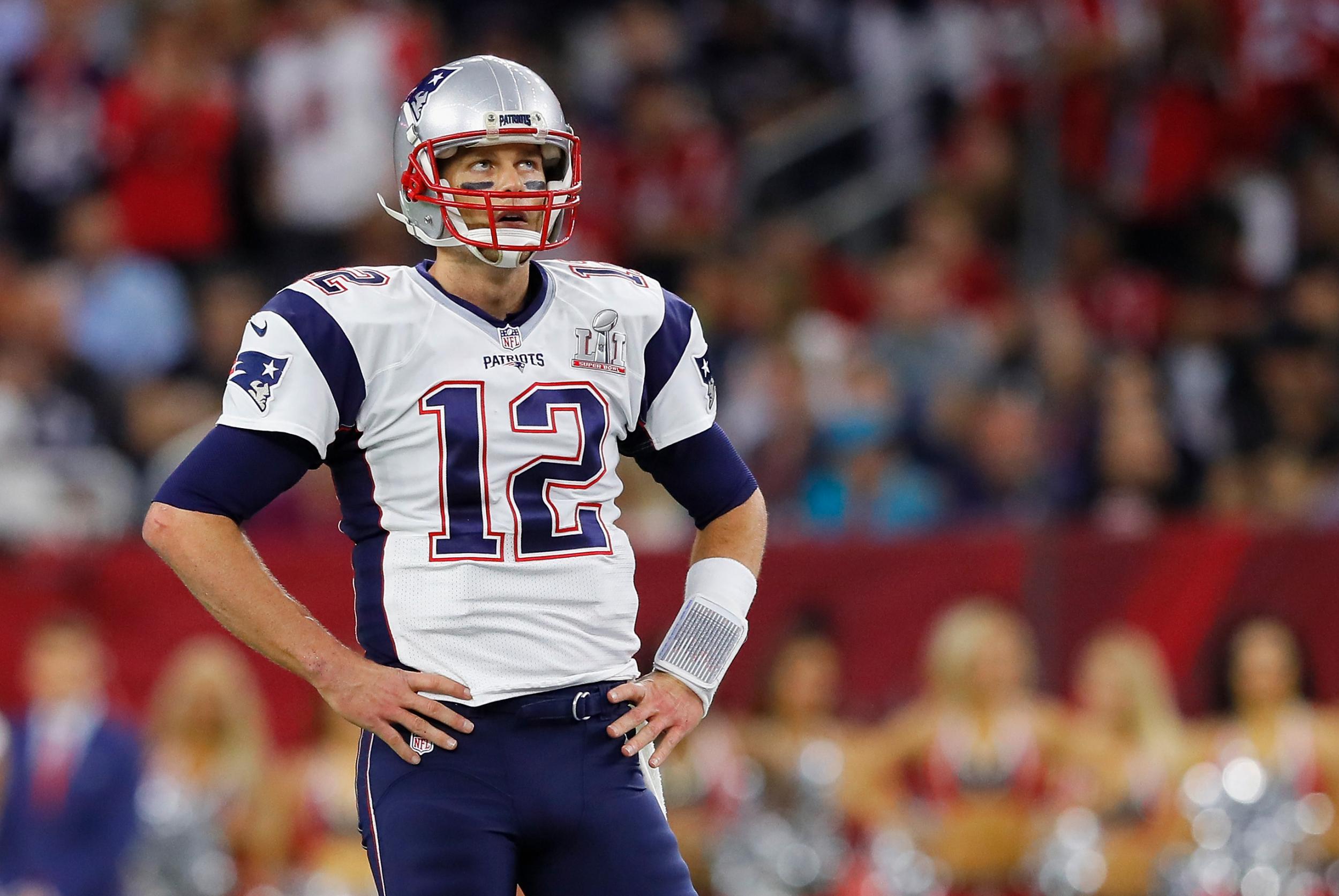 Tom Brady looks on as the New England Patriots fall apart in the Super Bowl