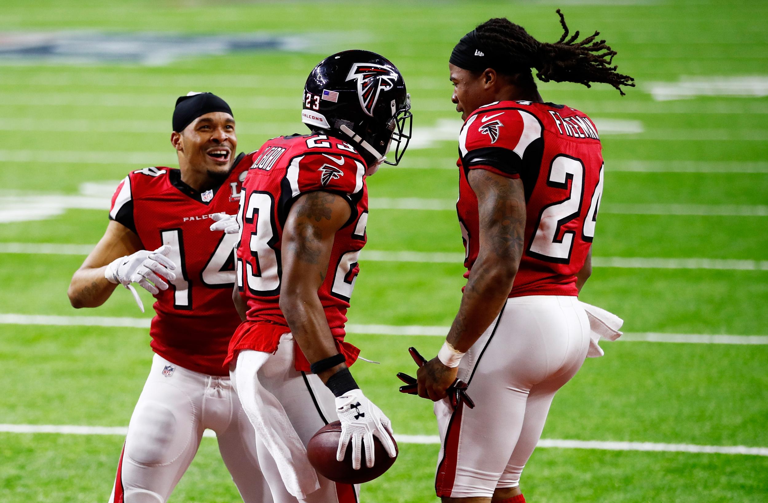 The Atlanta Falcons celebrate Robert Alford's touchdown as they went 21-0 up in the Super Bowl