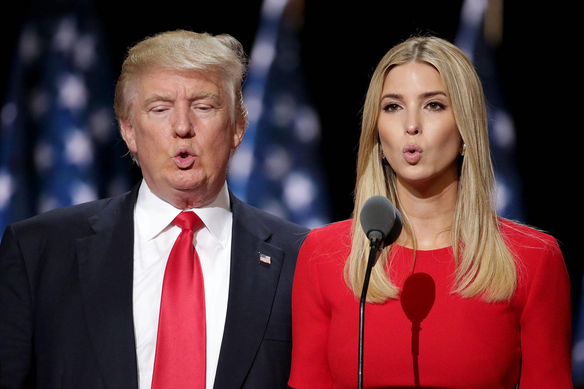 Republican presidential candidate Donald Trump and his daughter Ivanka Trump test the teleprompters and microphones on stage before the start of the fourth day of the Republican National Convention on July 21, 2016 at the Quicken Loans Arena in Cleveland, Ohio