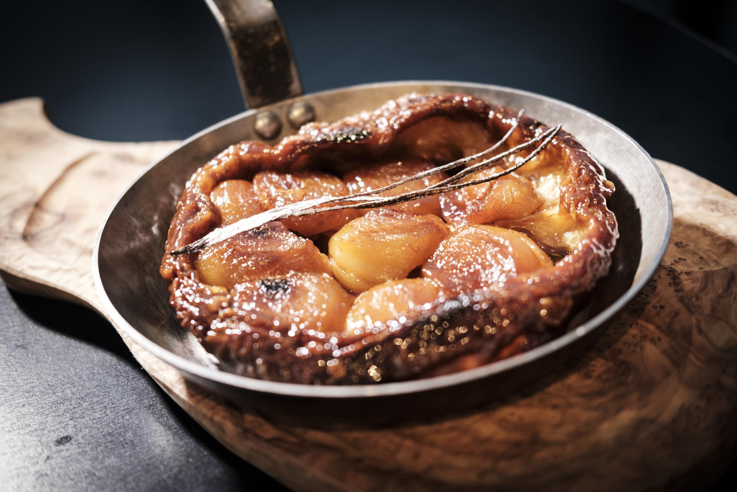 The tart tatin comes with its crust covered in crispy, crunchy caramel and topped with apples that melt in the mouth