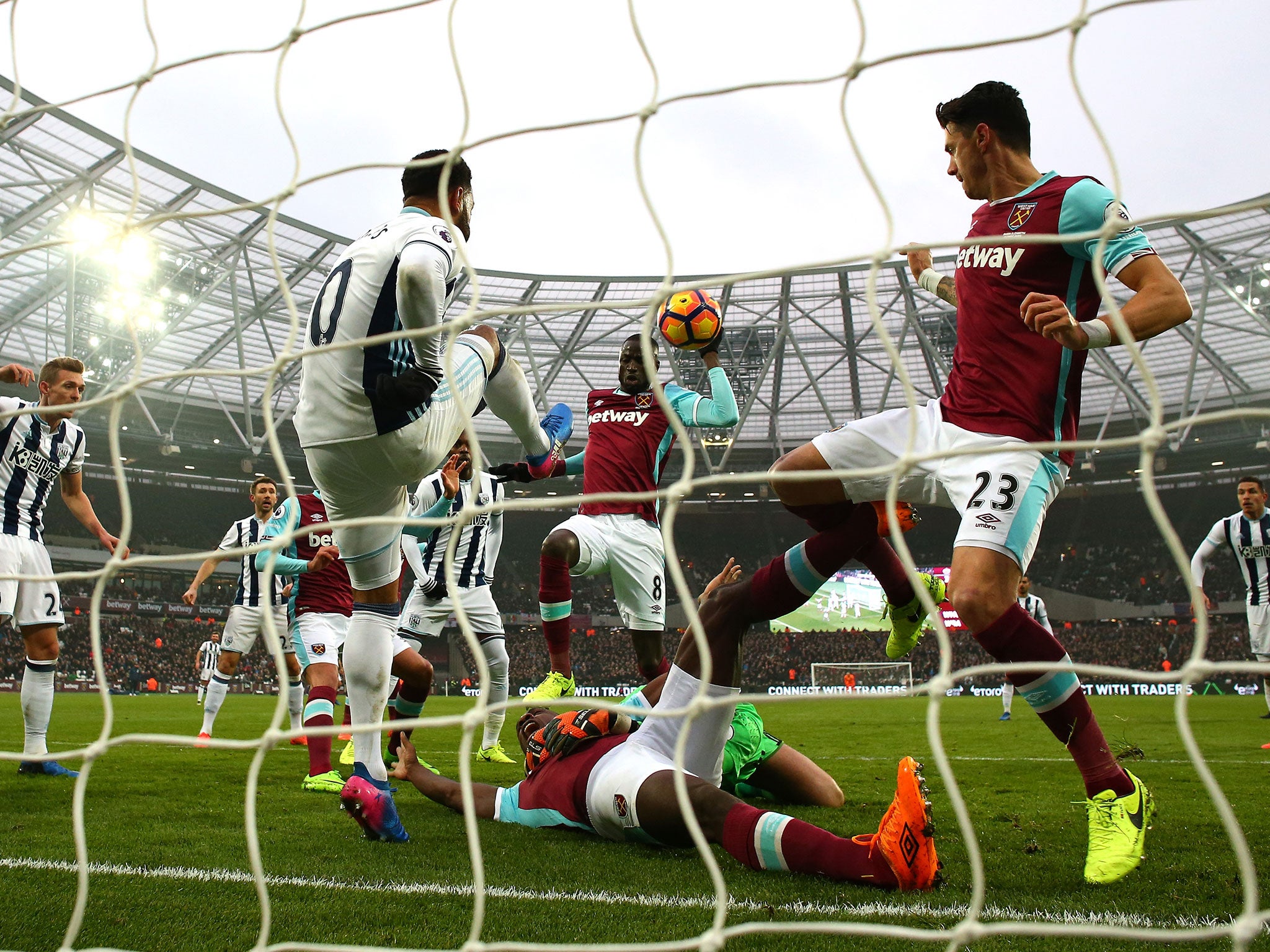 Matt Phillips of West Brom clears the ball from his line at the London Stadium