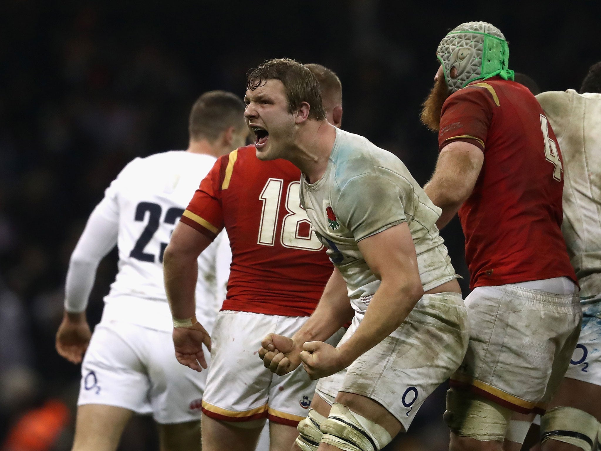 Joe Launchbury celebrates after England's memorable win in Cardiff