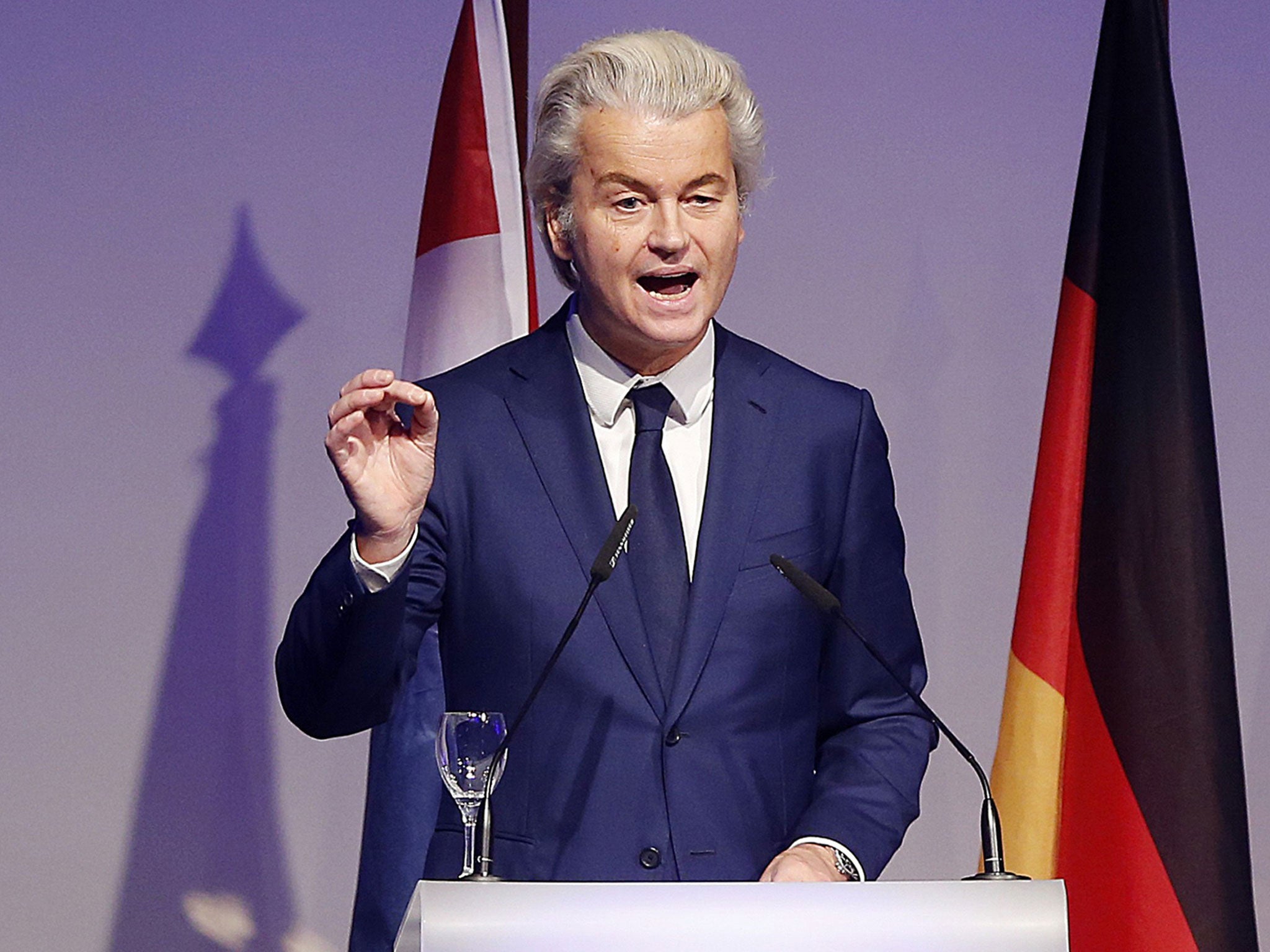 Dutch populist politican Geert Wilders speaking at a meeting of European Nationalists in Koblenz, Germany, last month