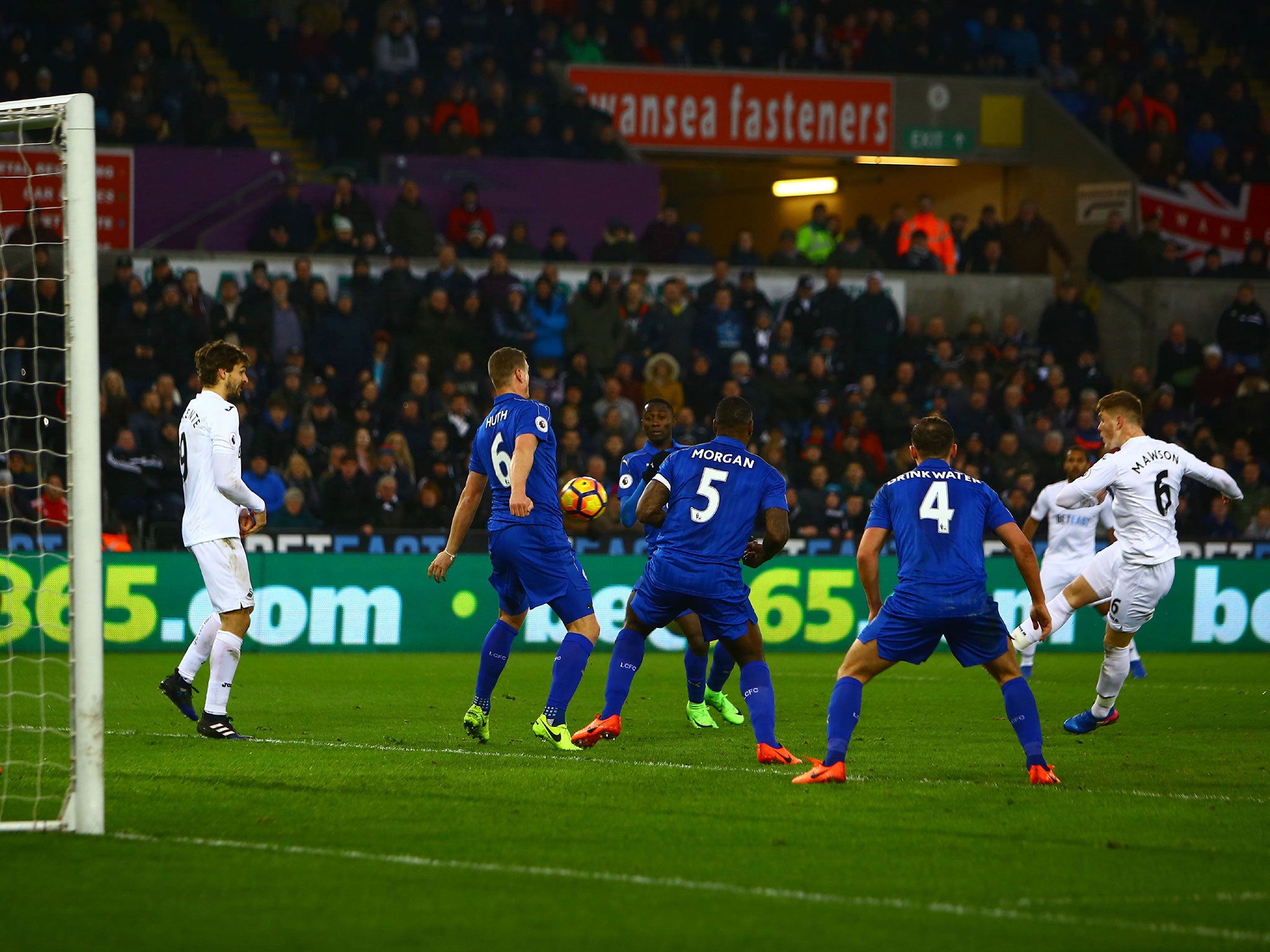 Mawson strikes from inside the Leicester box to hand the home side the lead