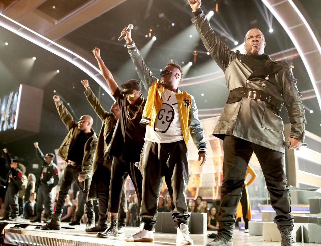 A Tribe Called Quest perform with Busta Rhymes and Consequence at the 2017 Grammy Awards