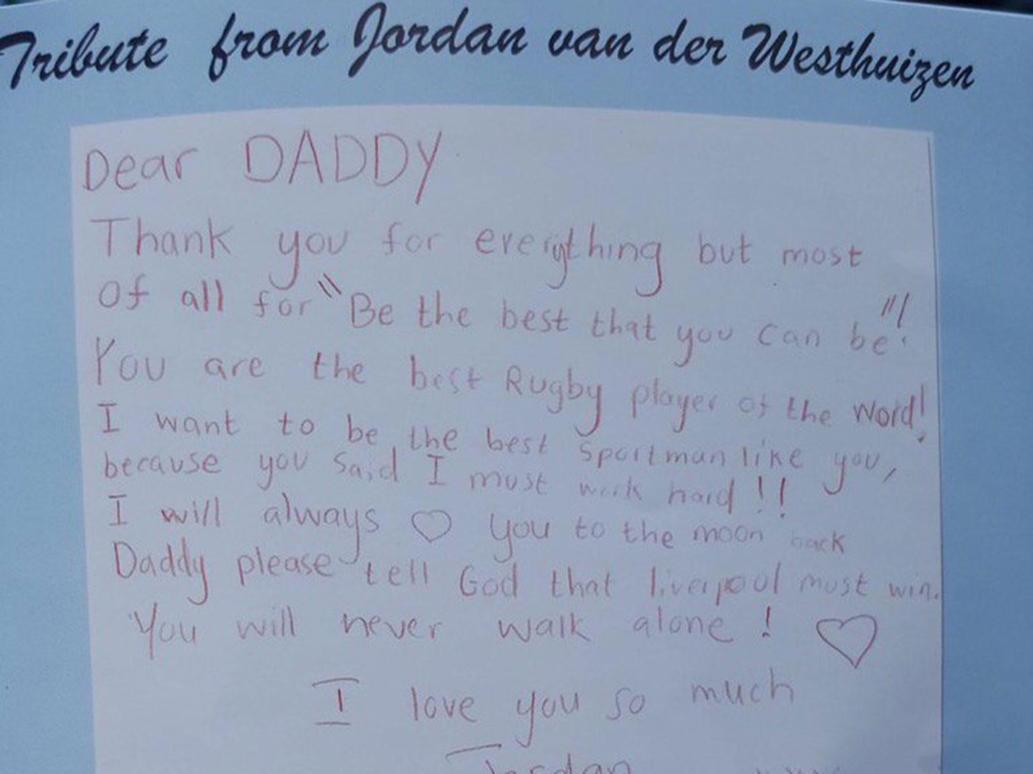 A letter written by Joost van der Westhuizen's 13-year-old son, Jordan, following the former Springbok's death last week