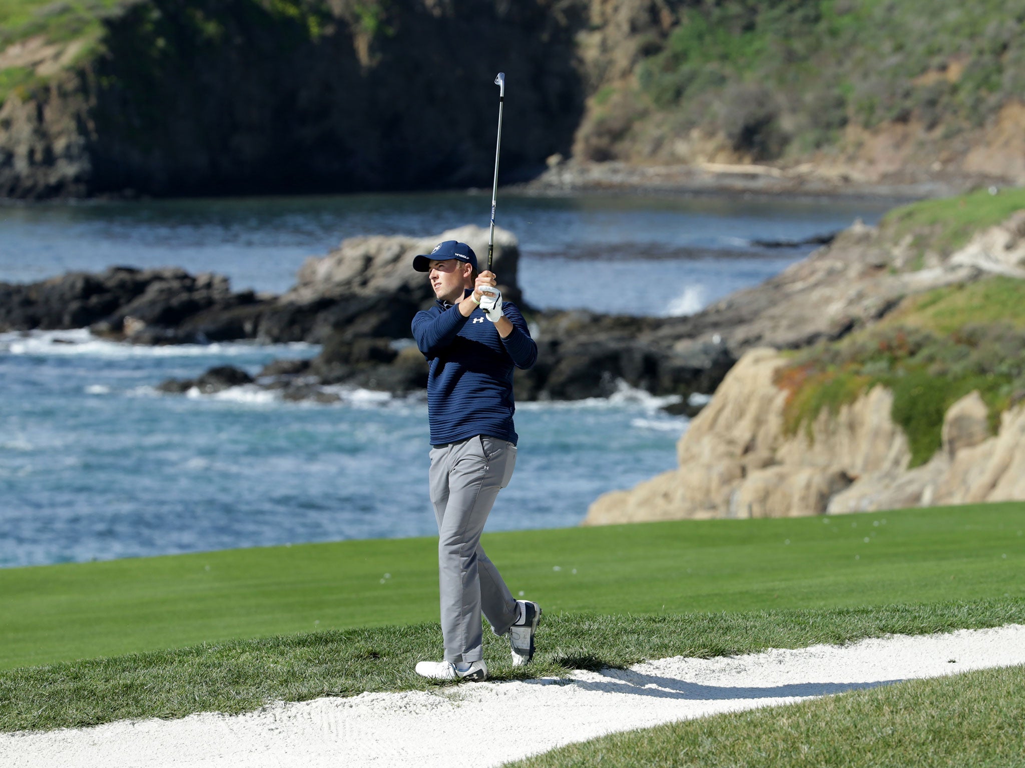 Spieth hits his second shot on the 10th hole during the Final Round of the AT&amp;T Pebble Beach