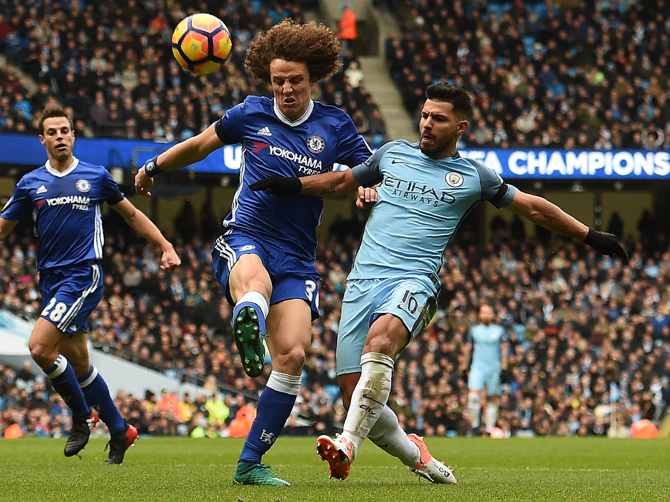 David Luiz was injured by this wild challenge from Sergio Aguero