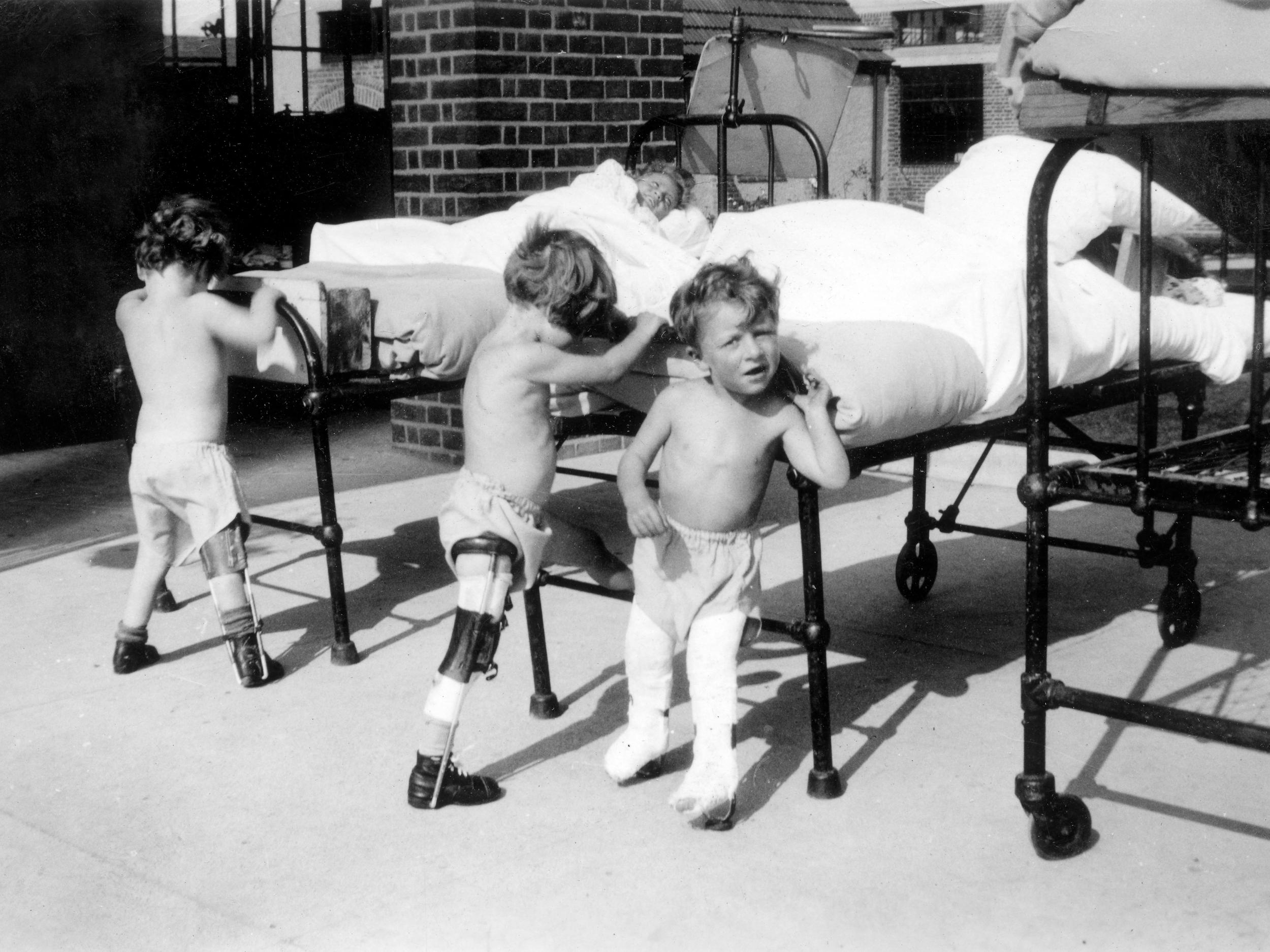 Children with polio doing physiotherapy exercises at Wingfield Nuffield Orthopaedic Hospital in Oxfordshire