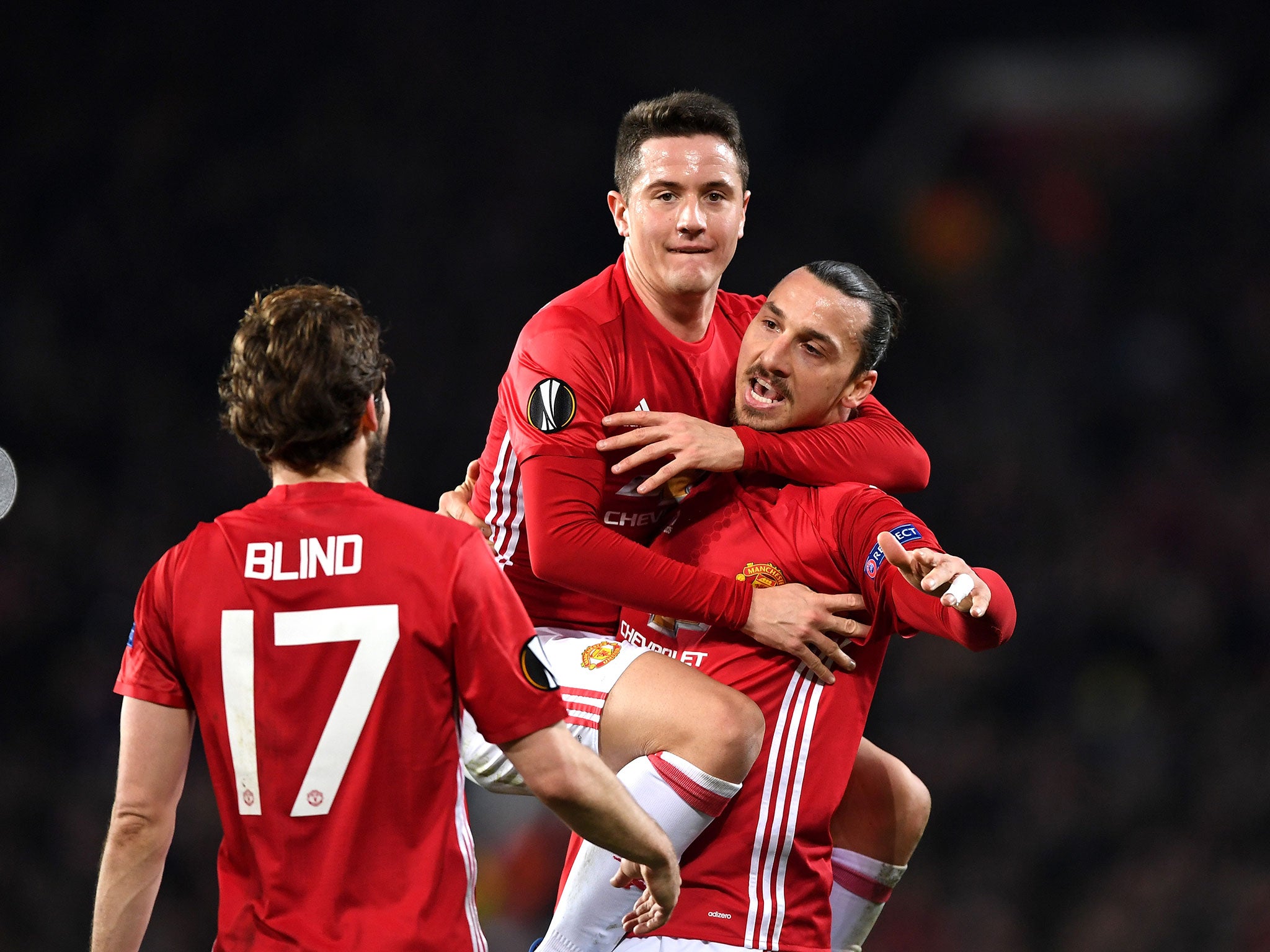 &#13;
Ibrahimovic celebrates after scoring his first goal for United on Thursday night &#13;