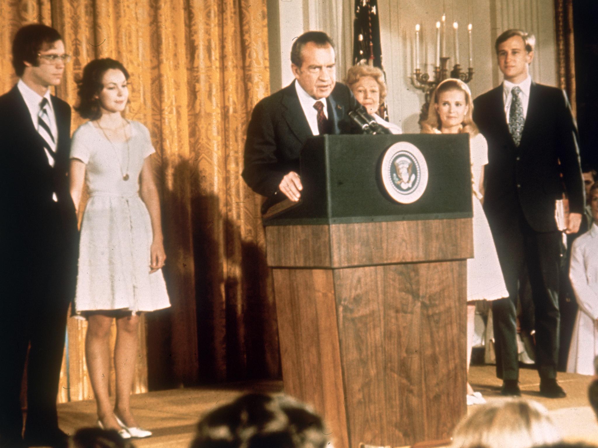 Nixon at the White House with his family after his resignation, on 9 August 1974