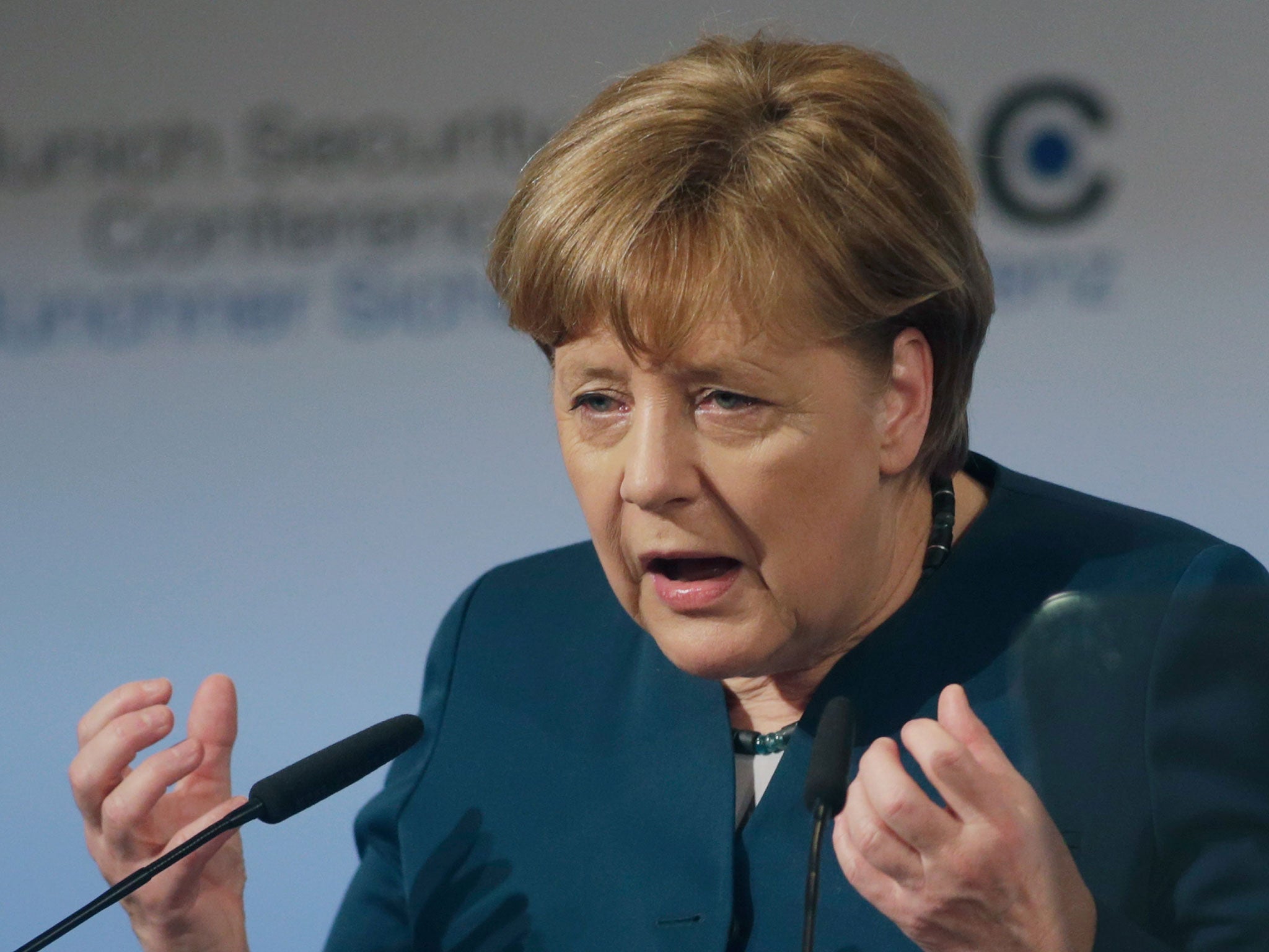 German chancellor Angela Merkel delivers a speech at the 2017 Munich Security Conference on February 18, 2017 in Munich, Germany