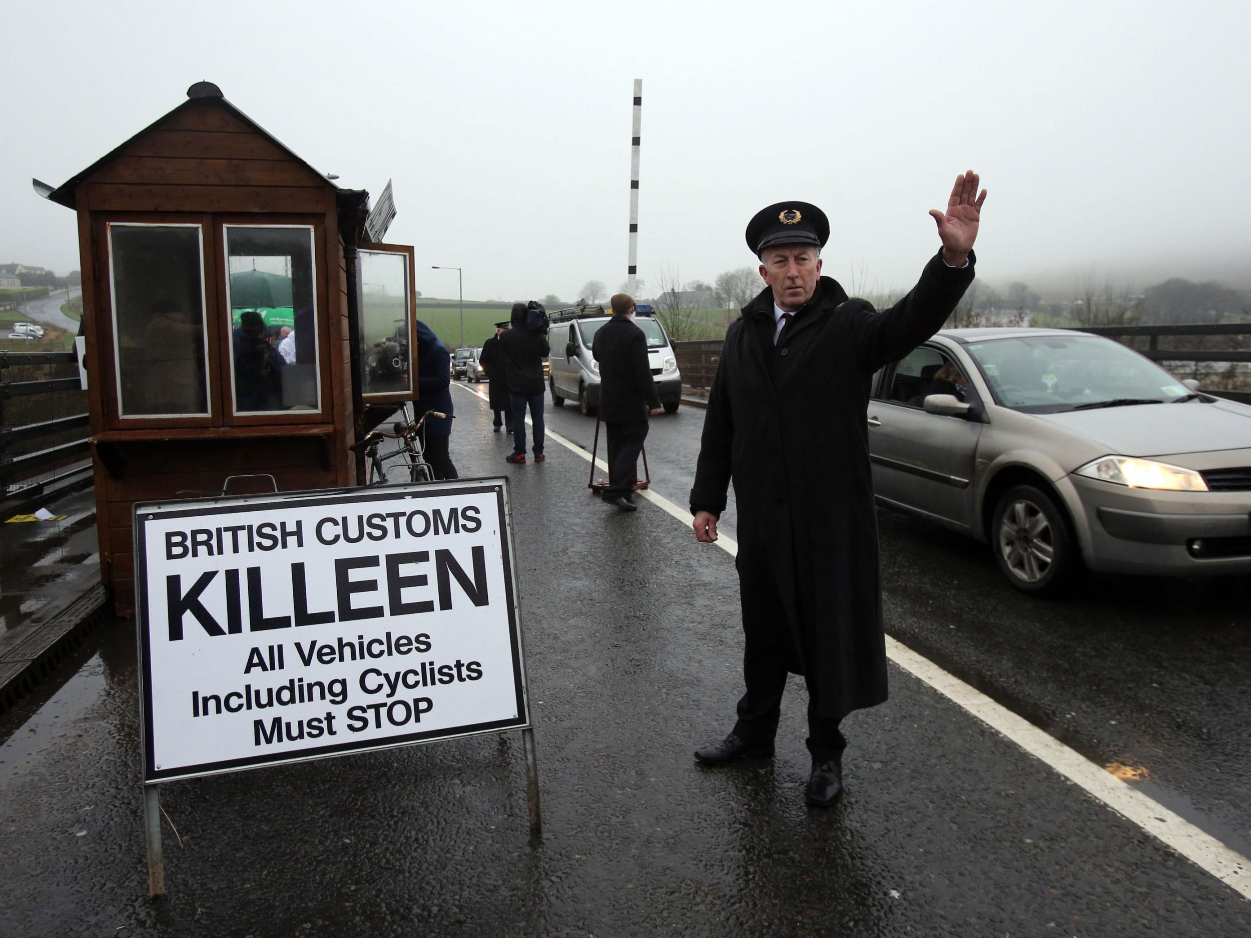 A mock customs post is set up at Ravensdale, on the Louth-Armagh border, as anti-Brexit campaigners hold a go-slow protest on the main road between Northern Ireland and the Republic of Ireland to highlight concerns about the impact on trade