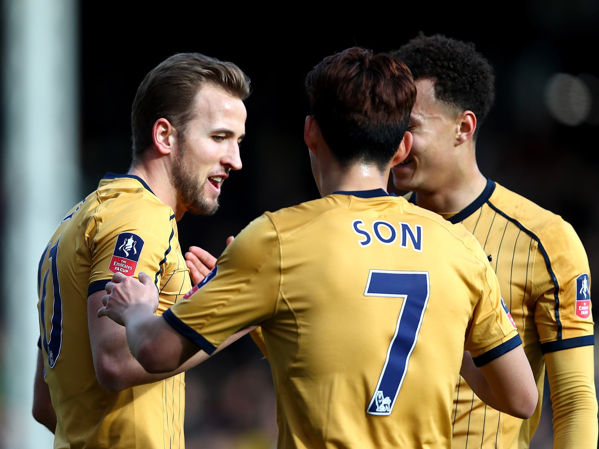 Harry Kane celebrates scoring his first goal of the afternoon at Craven Cottage