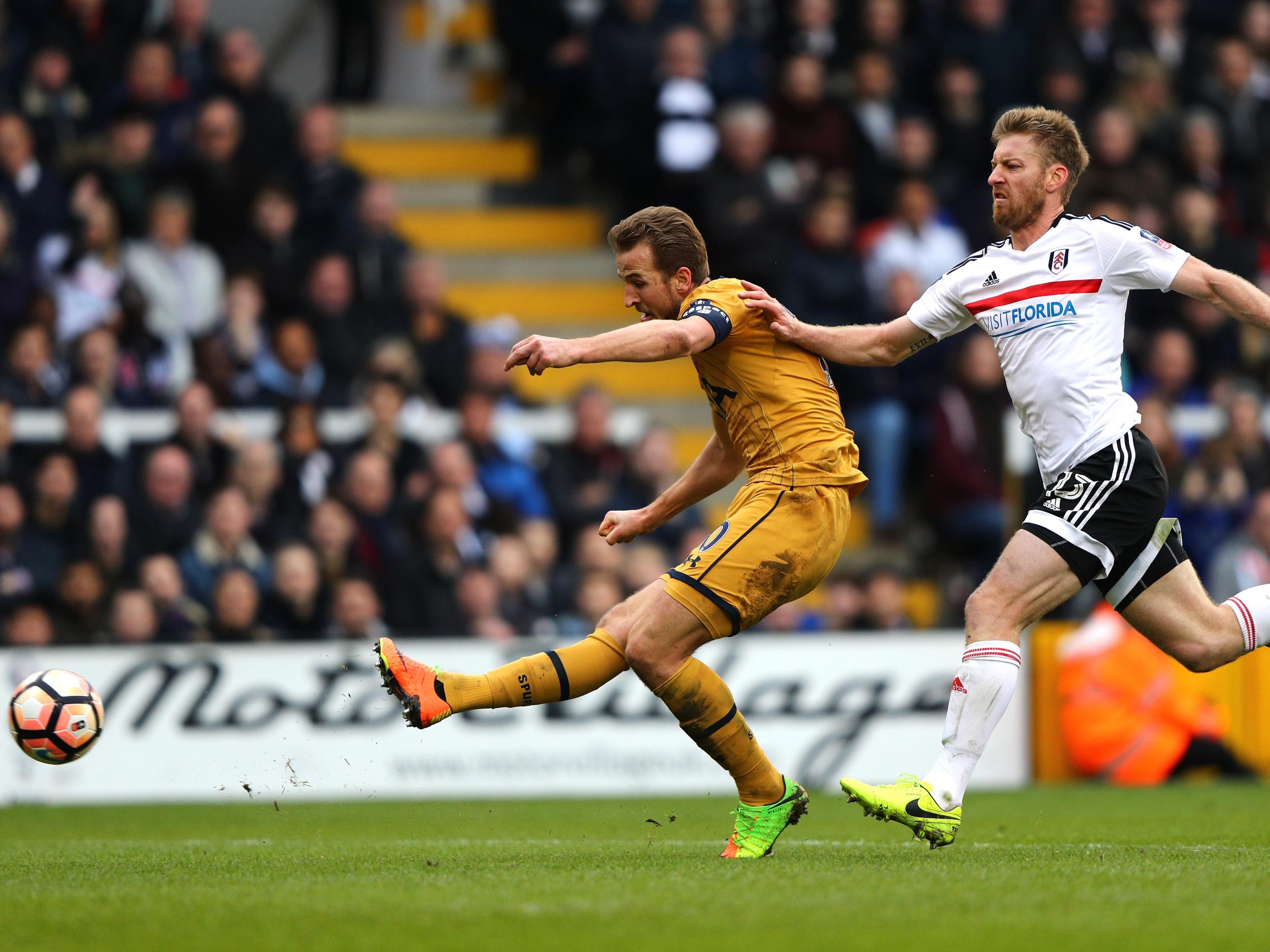 Kane fires his third goal past Fulham goalkeeper Bettinelli