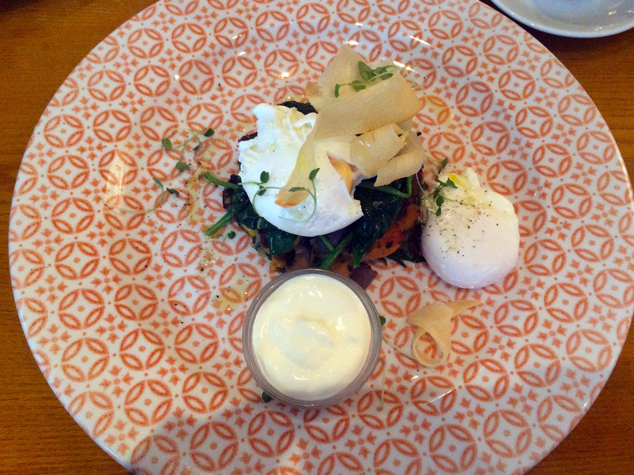 The sweet potato hash and poached eggs served with a dollop of crème fraîche is filling and flavourful