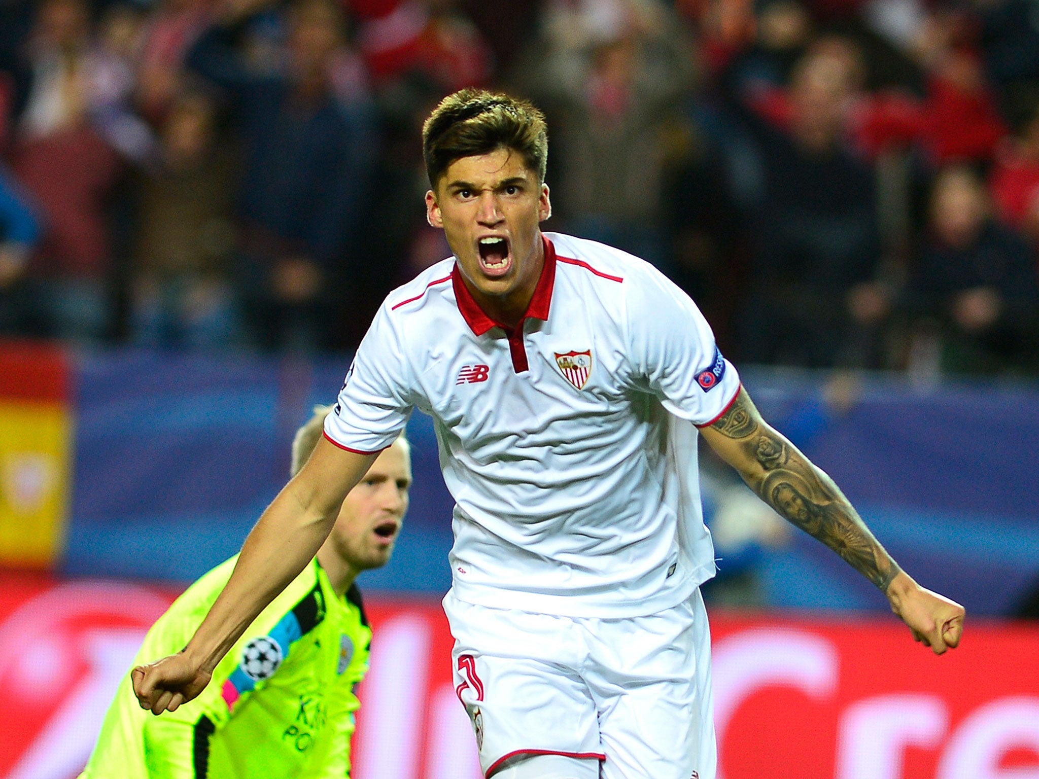 Joaquin Correa celebrates after scoring Sevilla's second