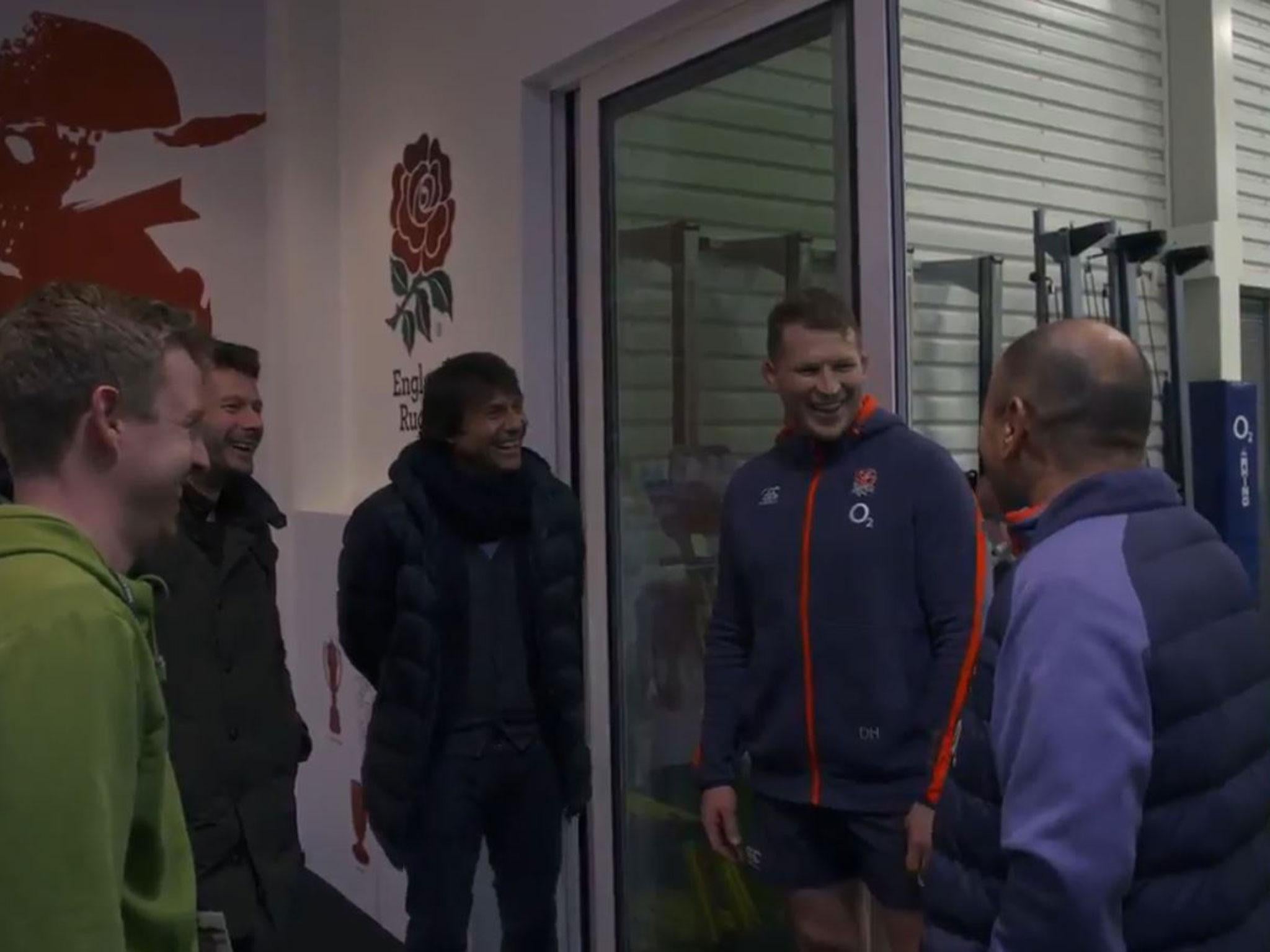 Antonio Conte visits England rugby training as he jokes with Dylan Hartley and Eddie Jones