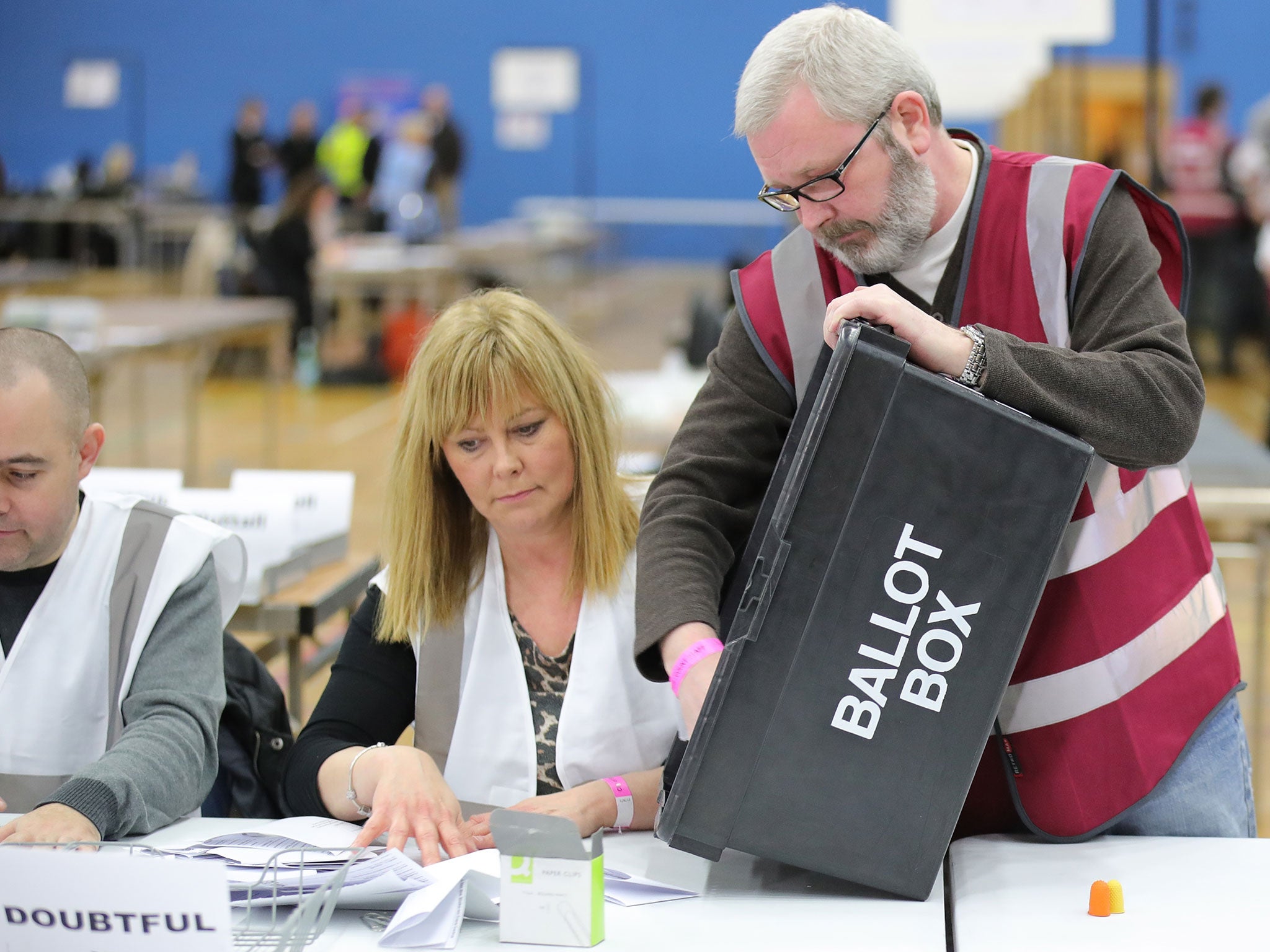 Votes arrive to be counted at Fenton Sports Centre in the Stoke-On-Trent Central by-election