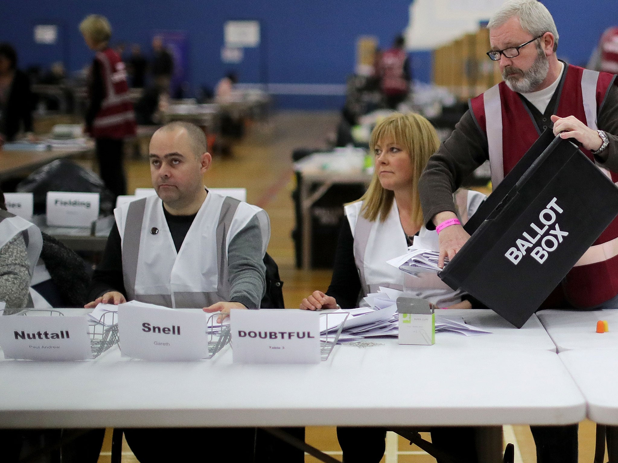 Votes arrive to be counted at Fenton Sports Centre in the Stoke-On-Trent Central by-election