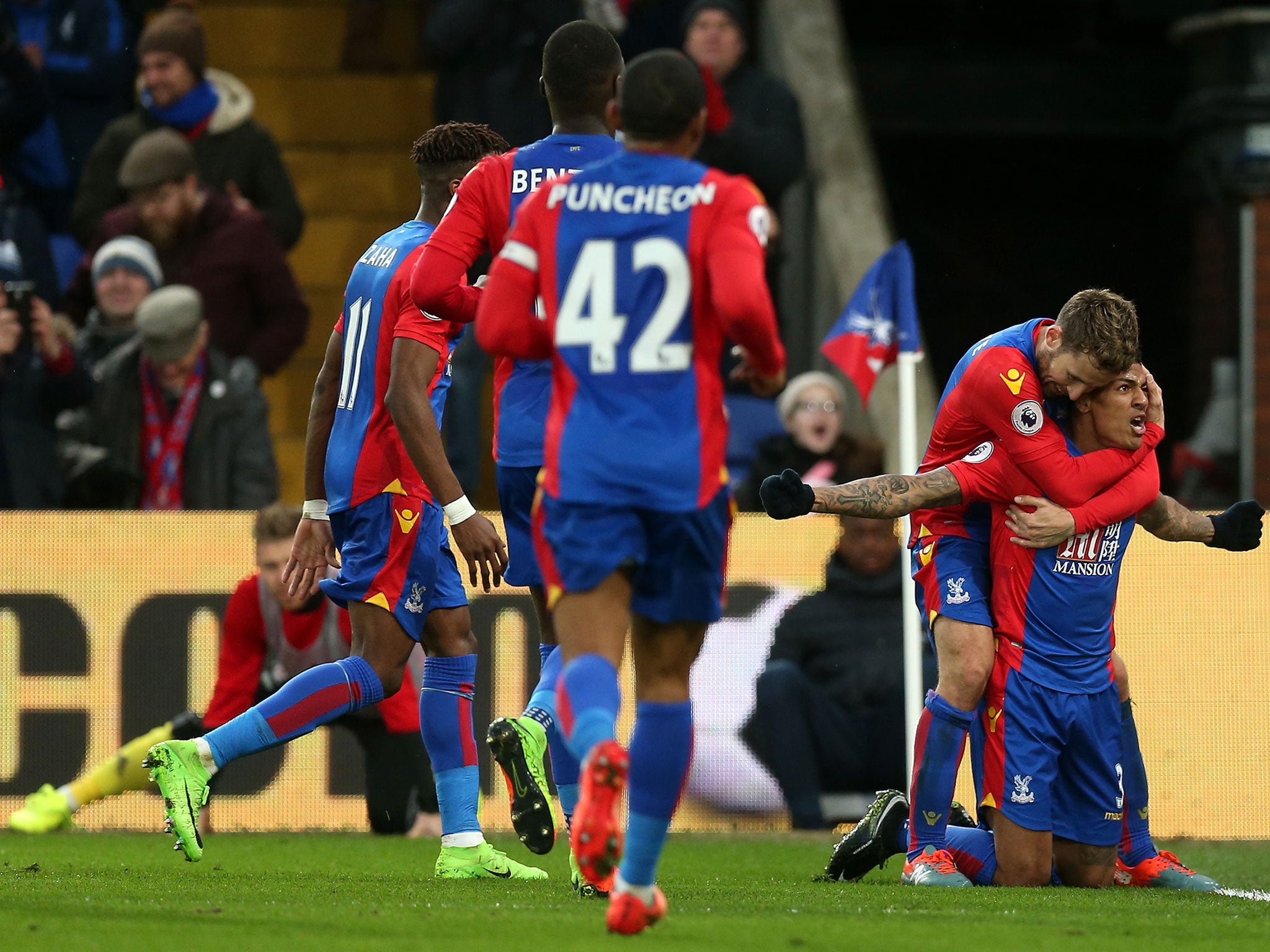 Patrick van Aanholt celebrates his goal for Palace