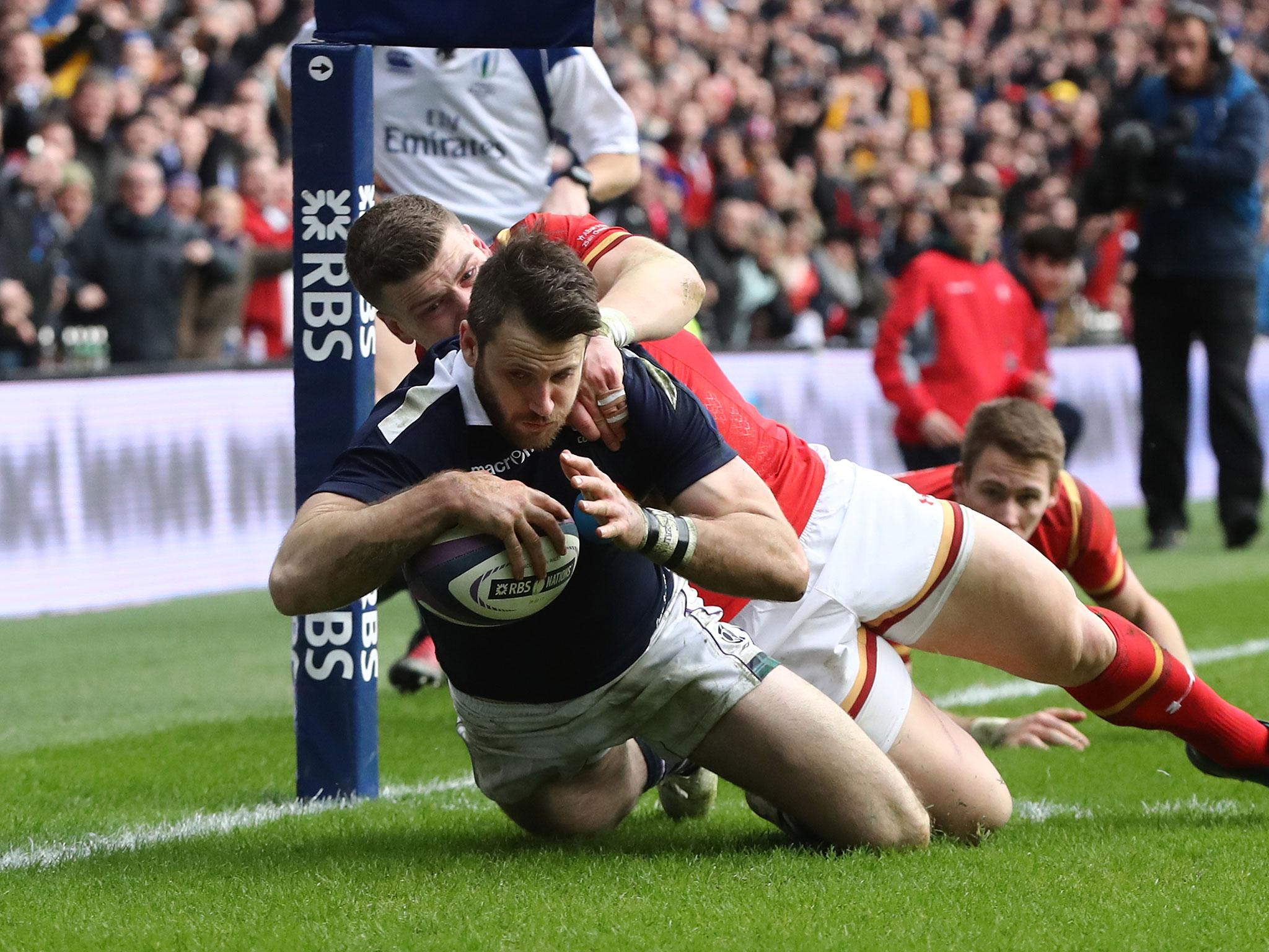 Tommy Seymour scores Scotland's first try against Wales