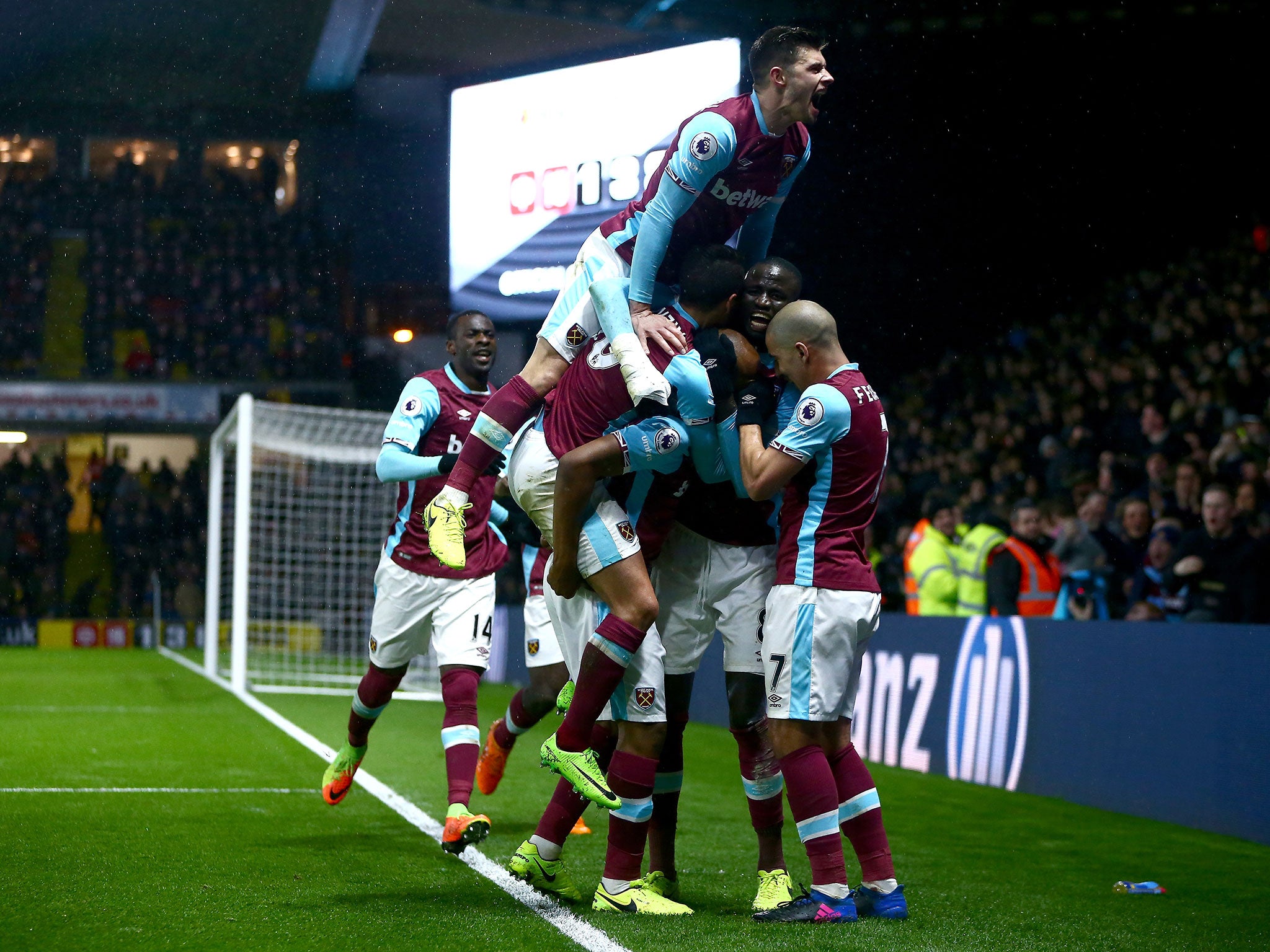 West Ham celebrate their equaliser at Vicarage Road