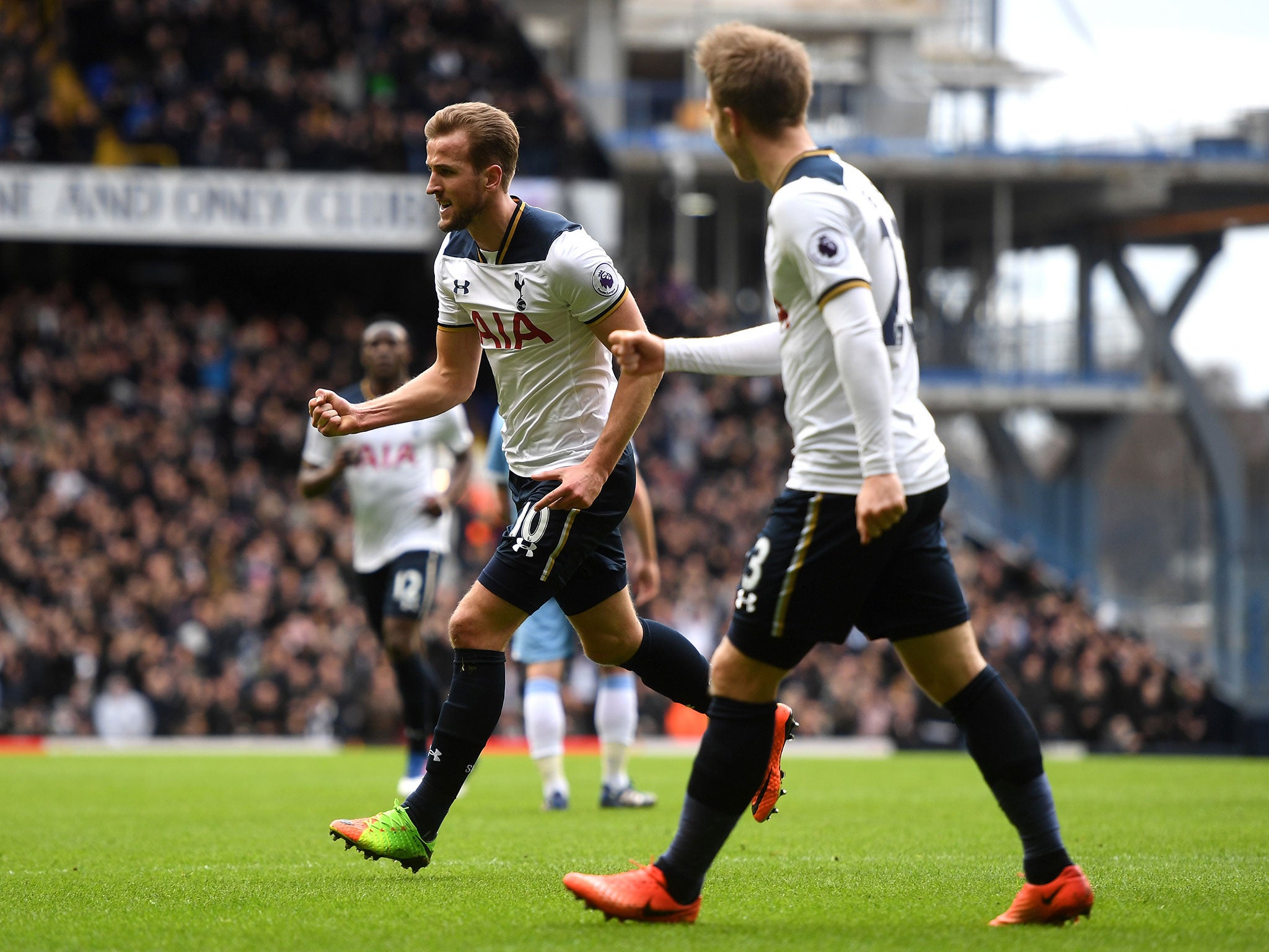 Kane celebrates his first goal for Spurs