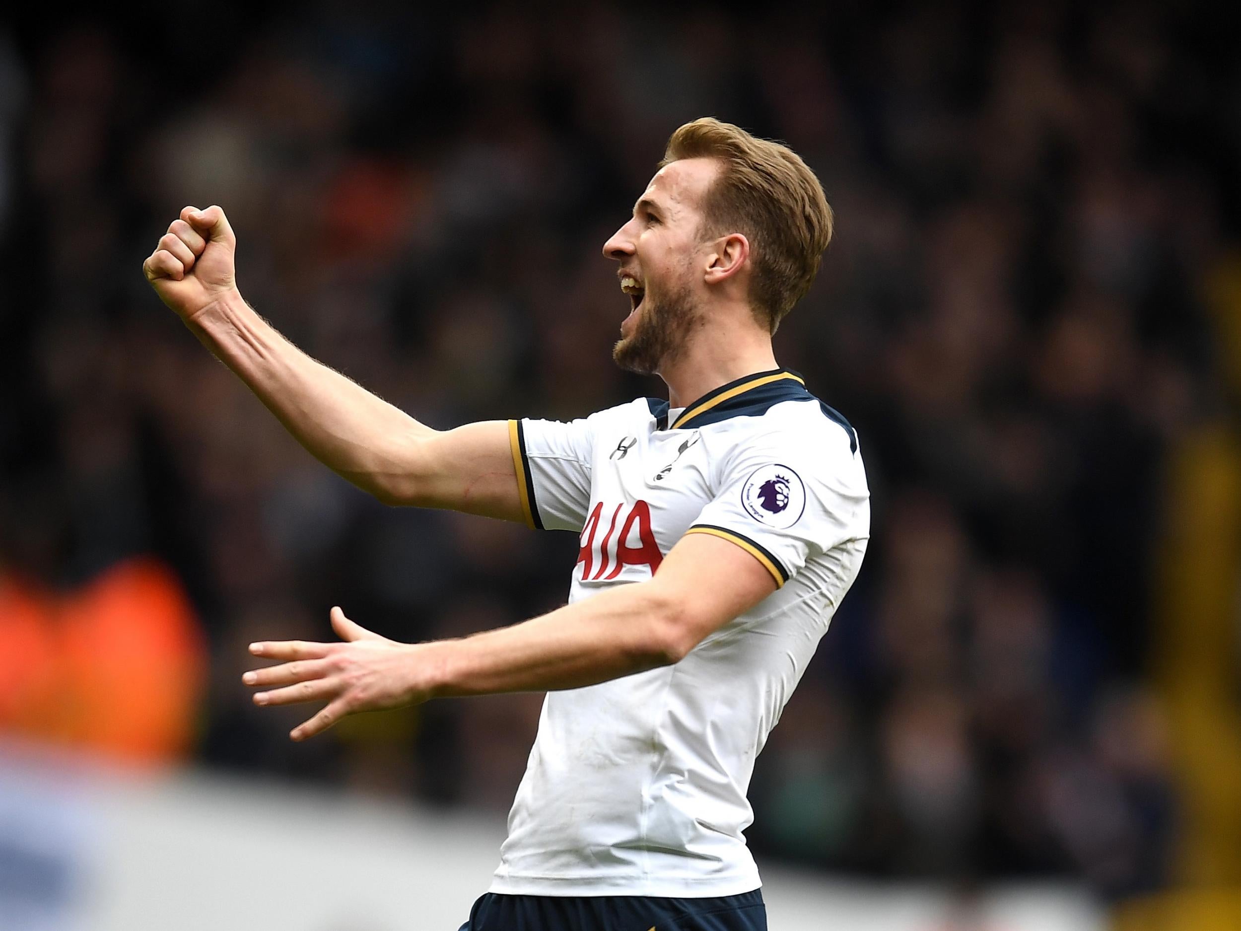 Kane celebrates his third goal for Spurs