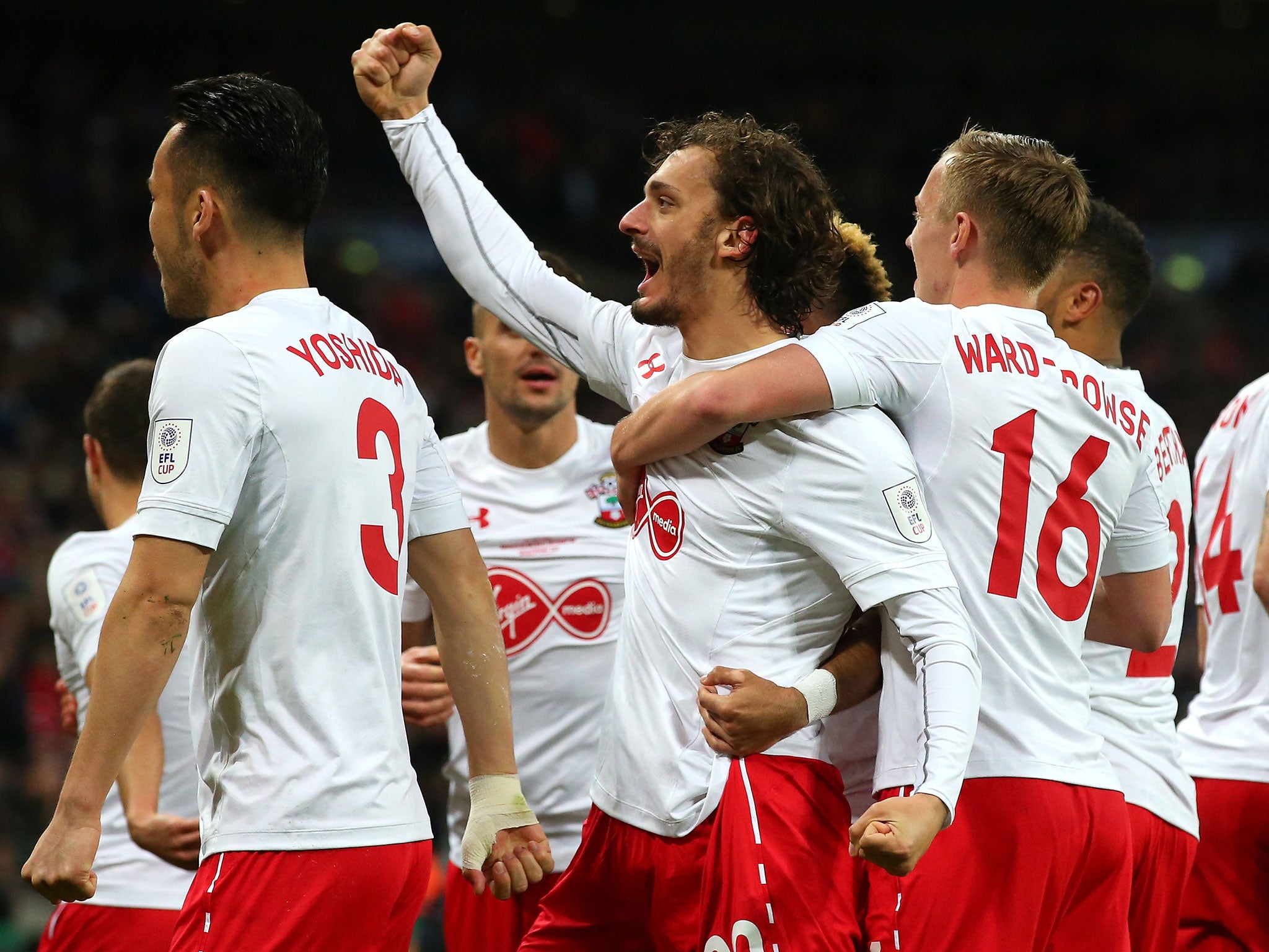 Manolo Gabbiadini celebrates his second for Southampton