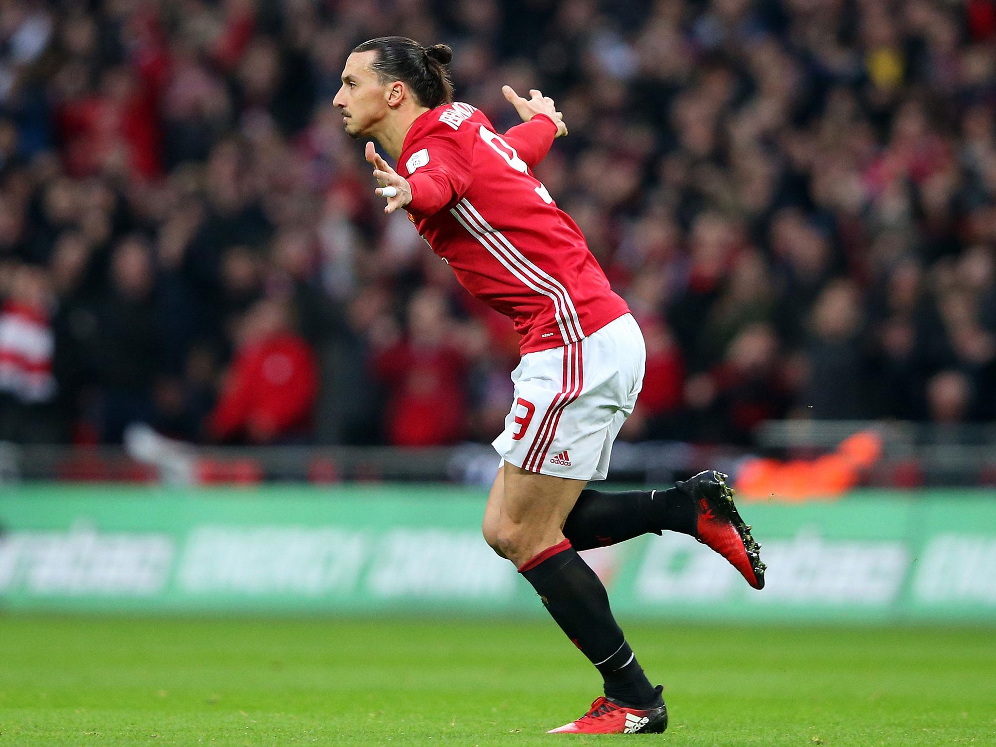 Zlatan Ibrahimovic celebrates scoring for United