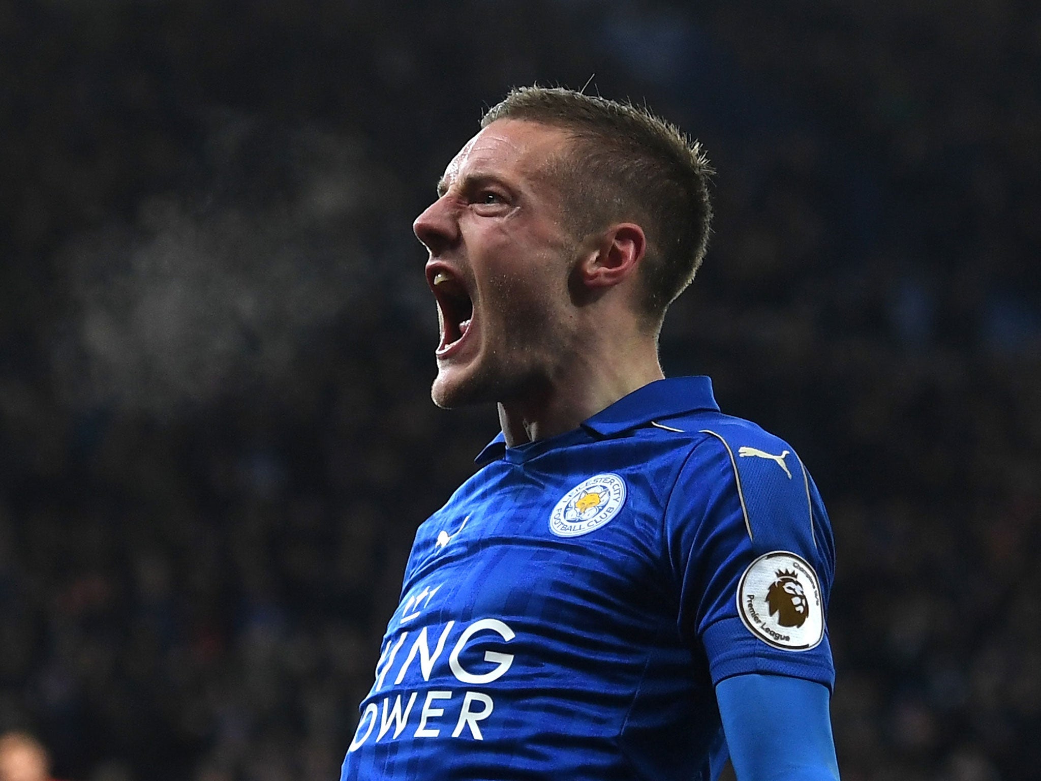 Vardy celebrates after scoring his first Premier League goal of 2017