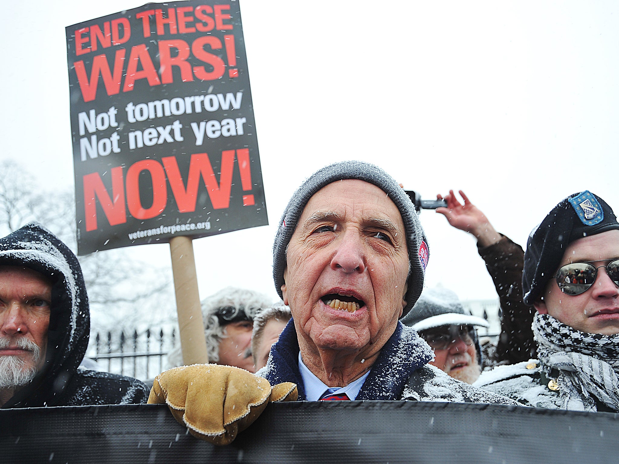 Daniel Ellsberg, former military analyst who released the Pentagon Papers in 1971, during an anti-war protest in 2010 (Getty)