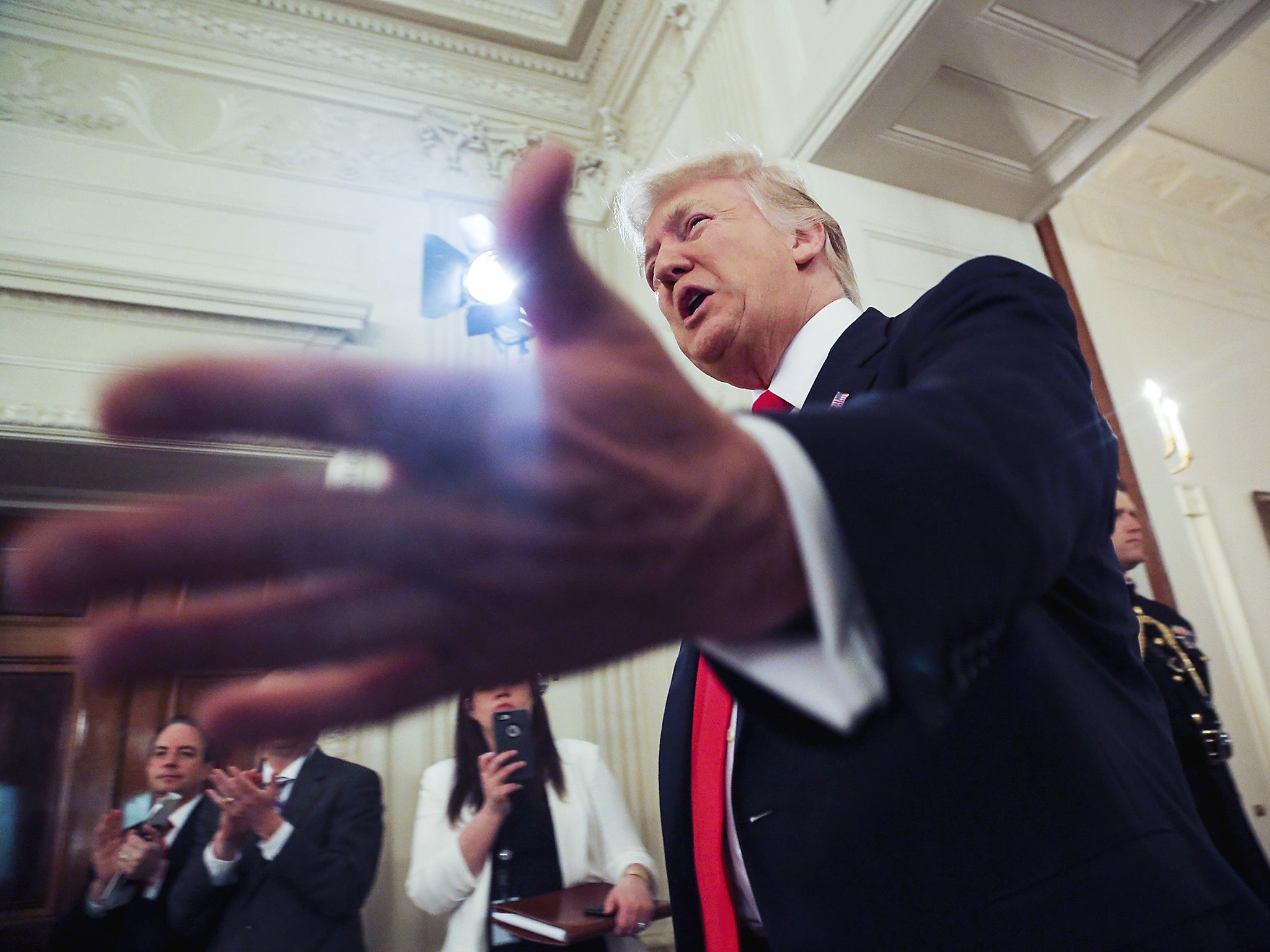 President Trump in the state dining room of the White House. His ‘America First’ inauguration speech was a chilling exhortation of a dark, hard-line vision