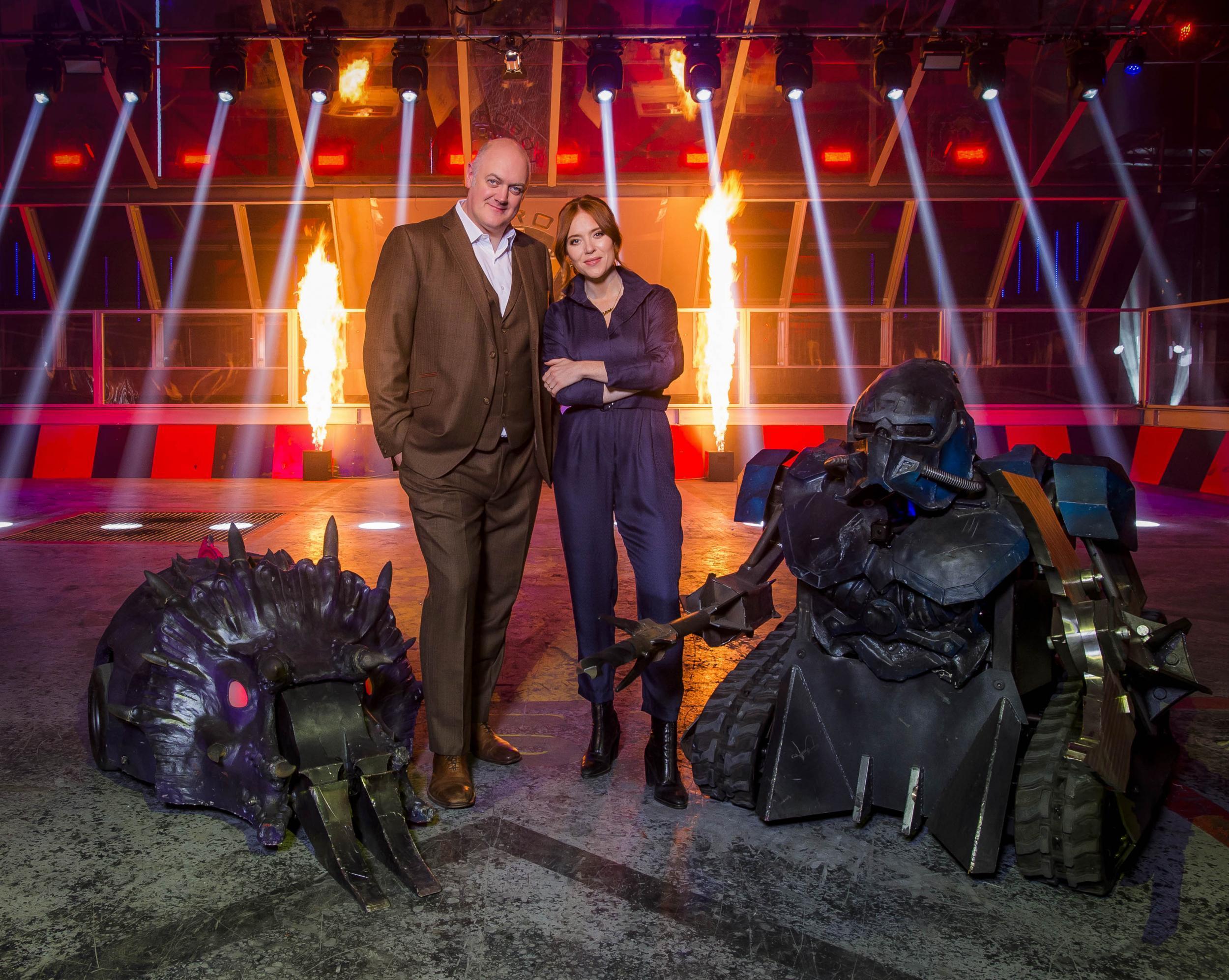 Presenters Dara O Briain and Angela Scanlon with ‘Robot Wars’ stars Matilda and Sir Killalot 2.0