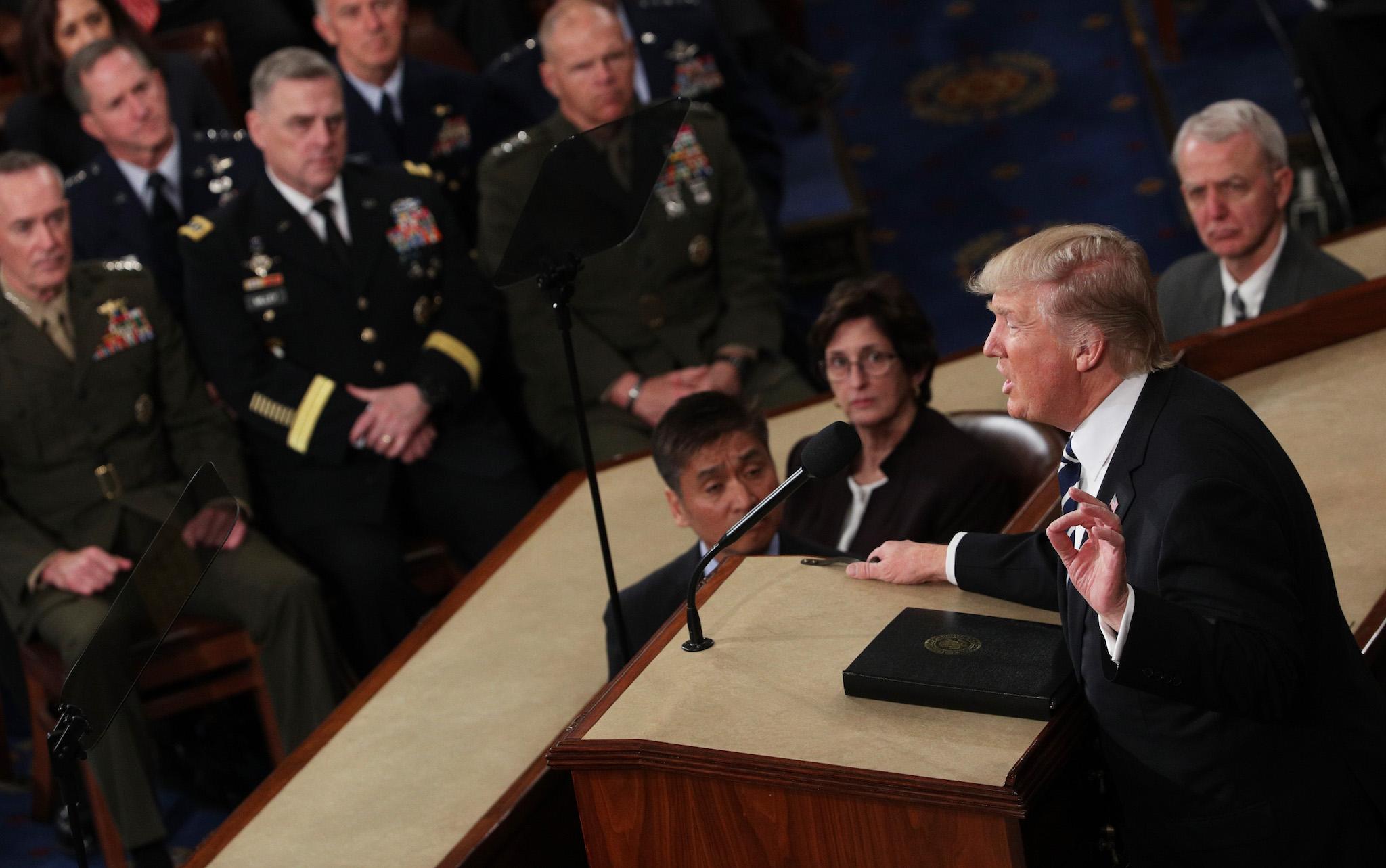 U.S. President Donald Trump addresses a joint session of the U.S. Congress on February 28, 2017 in the House chamber of the U.S. Capitol in Washington, DC