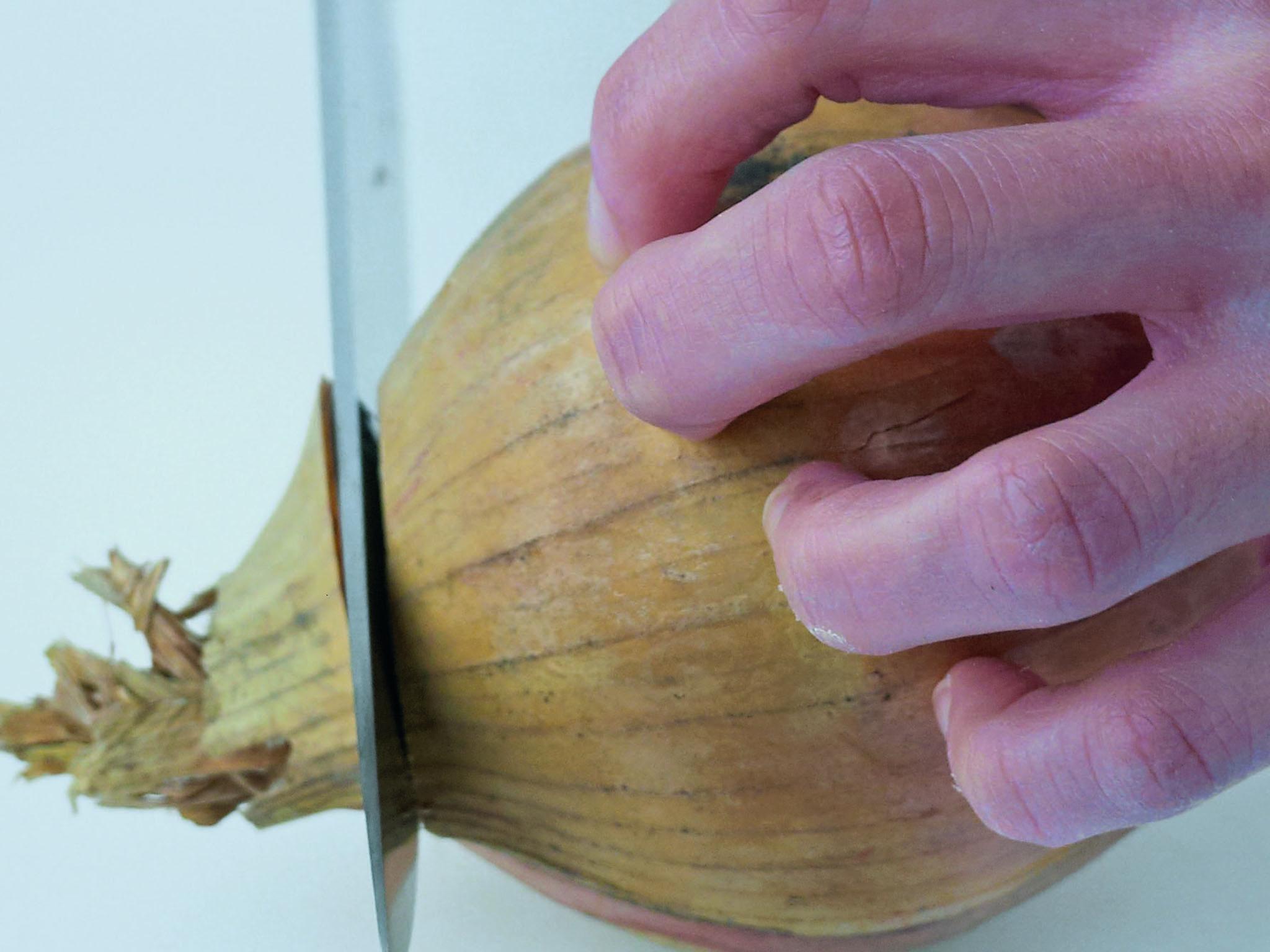 1. Cut a small slice off the top of the onion so it can stand upright. Trim a little off the hairy part of the root but keep the root intact as this holds the onion together when you are cutting it