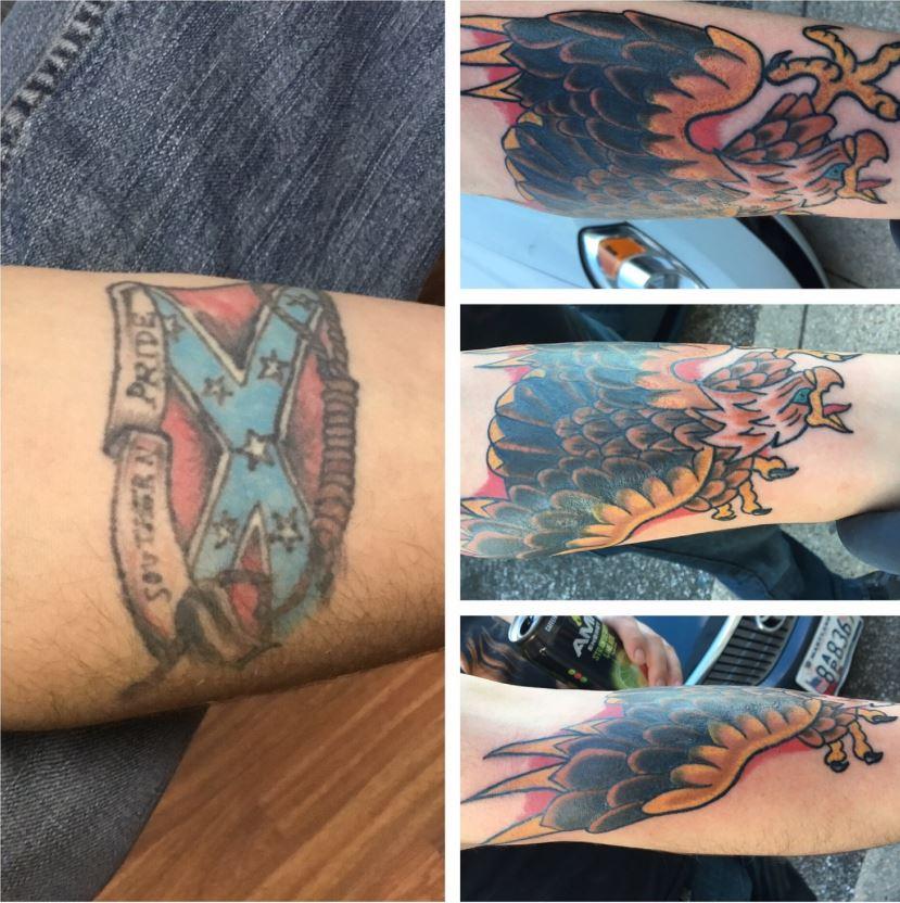 Randy Stiles’s original tattoo of a Confederate flag with a noose and the words ‘Southern Pride’ is concealed by an eagle spreading its wings