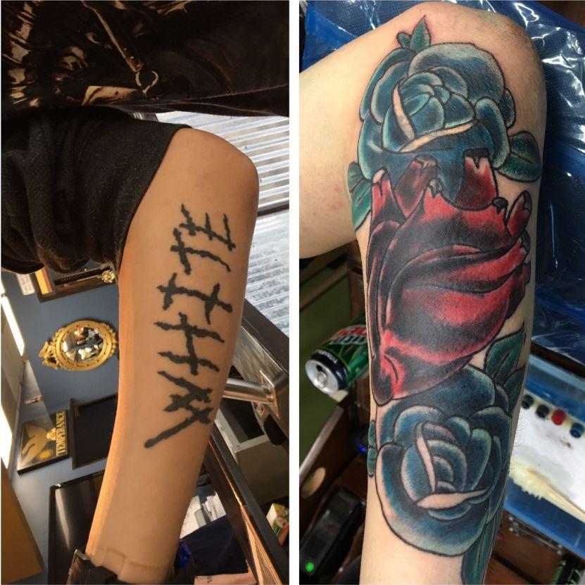 Casey Schaffer had the word ‘white’ tattooed on one arm and ‘power’ on the other – a result, he said, of a year spent in prison. Right: A heart and two roses now conceal the ‘white’ tattoo