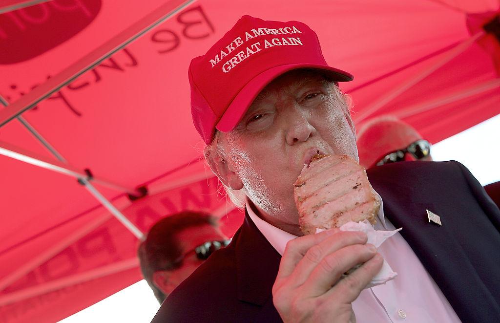 Donald Trump eats a pork chop, which is presumably also cooked to his liking